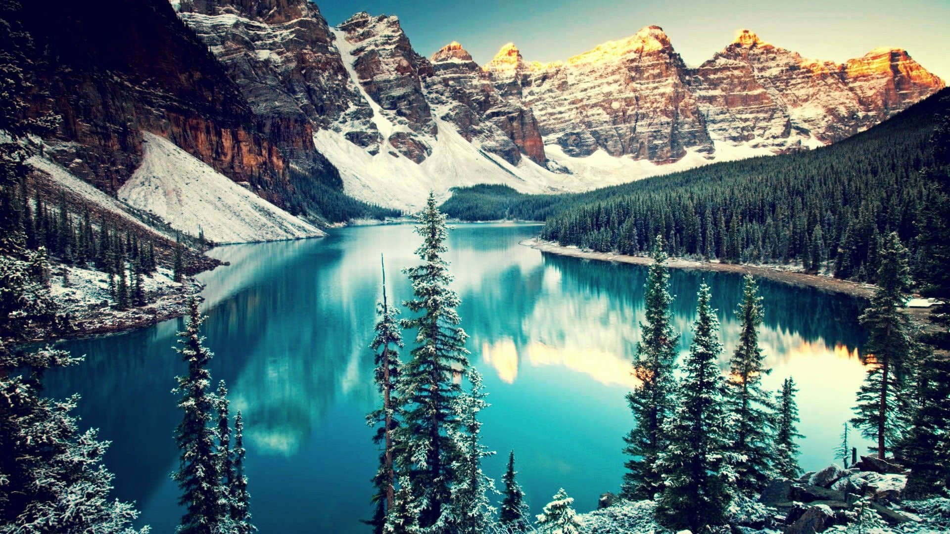 Winter in Canada Moraine Lake HD, lakes, mountains, nature, pine trees
