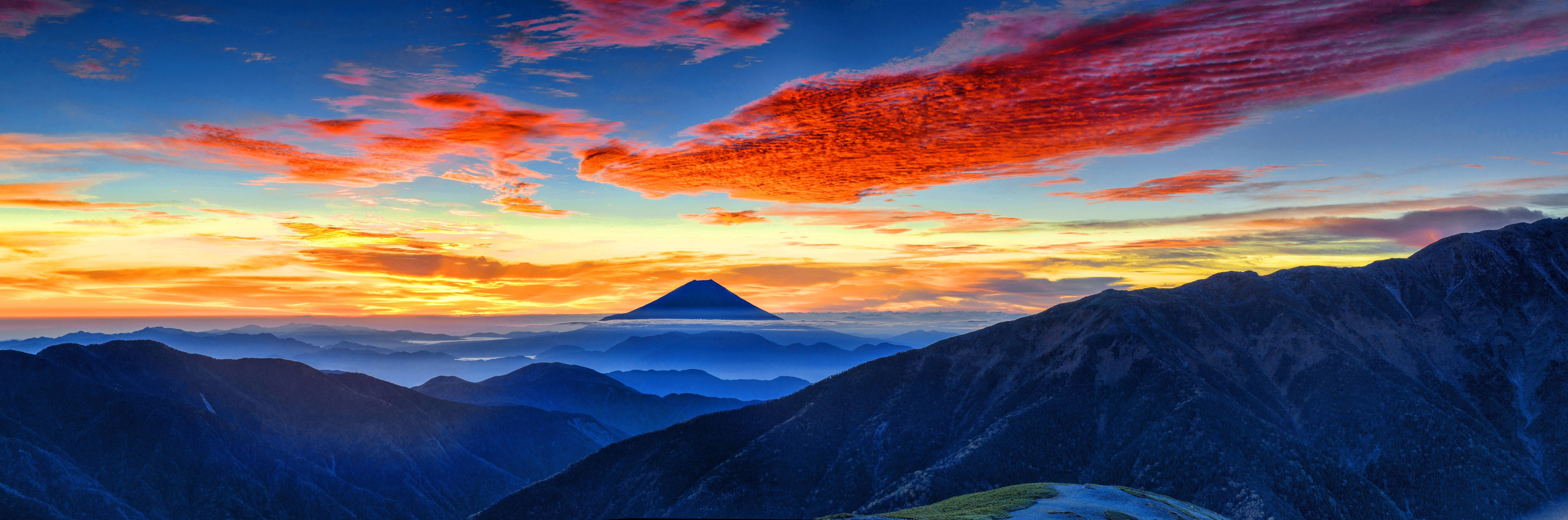 morning, japan, glow, landscape, volcano, fuji, mount