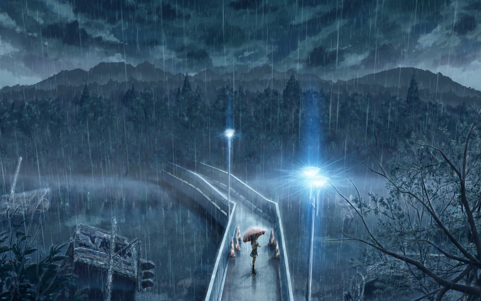 rainy day wallpaper, anime, anime girls, illuminated, nature