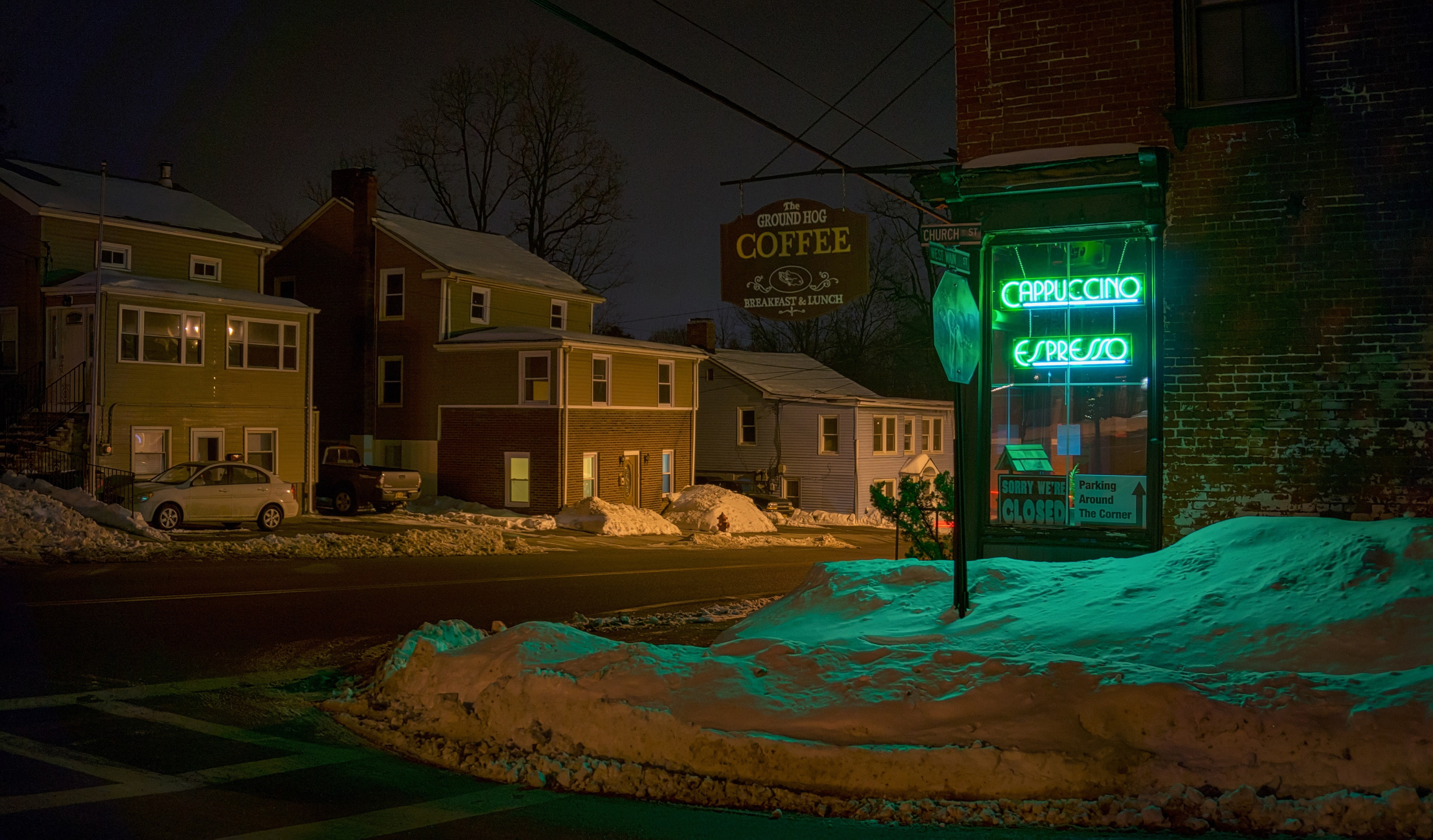 winter, the city, street, the evening, Ground Hog Cafe, Wappingers Falls