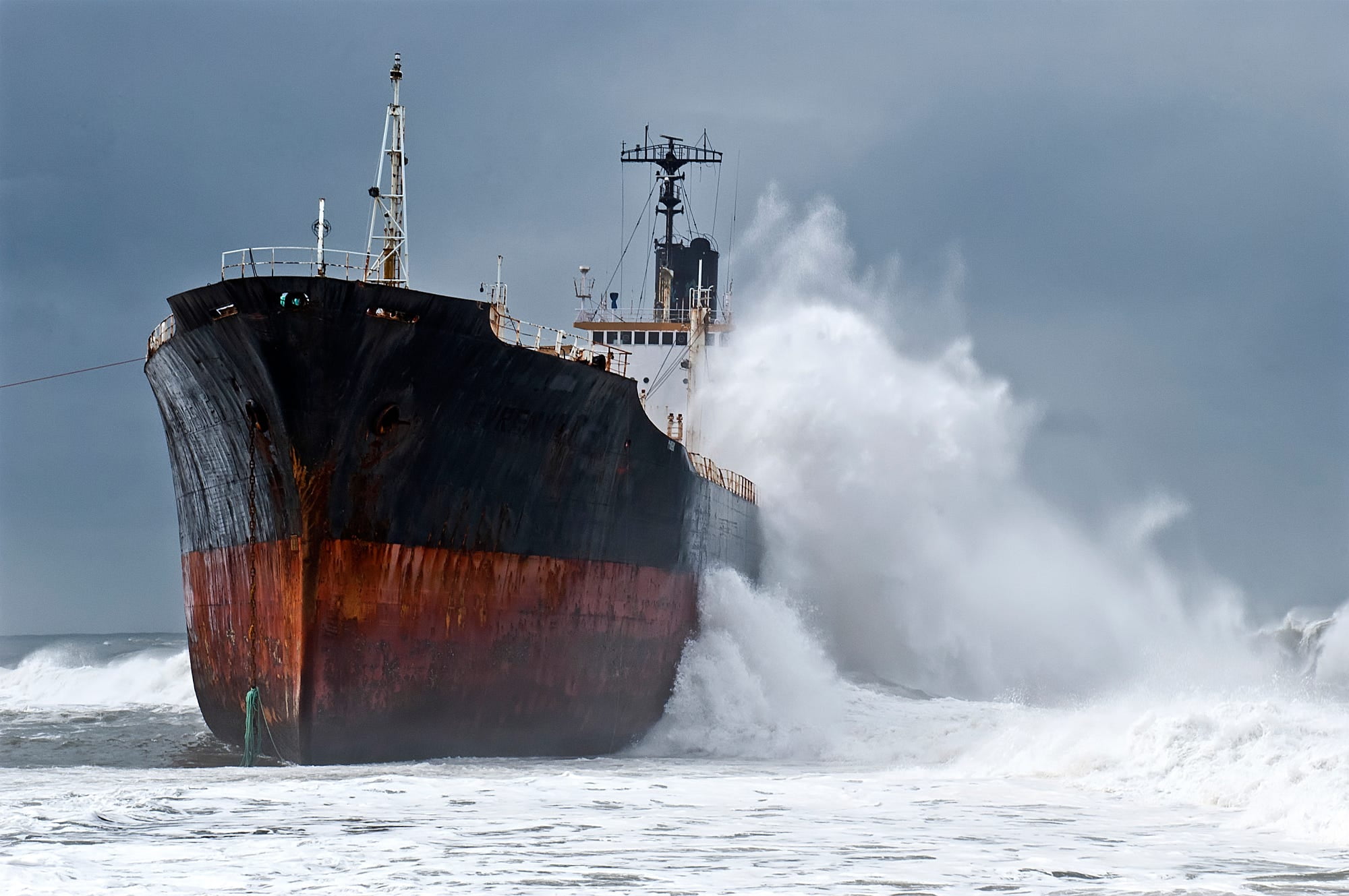 black and brown ship, waves, atlantic ocean, rain, storm, splashes