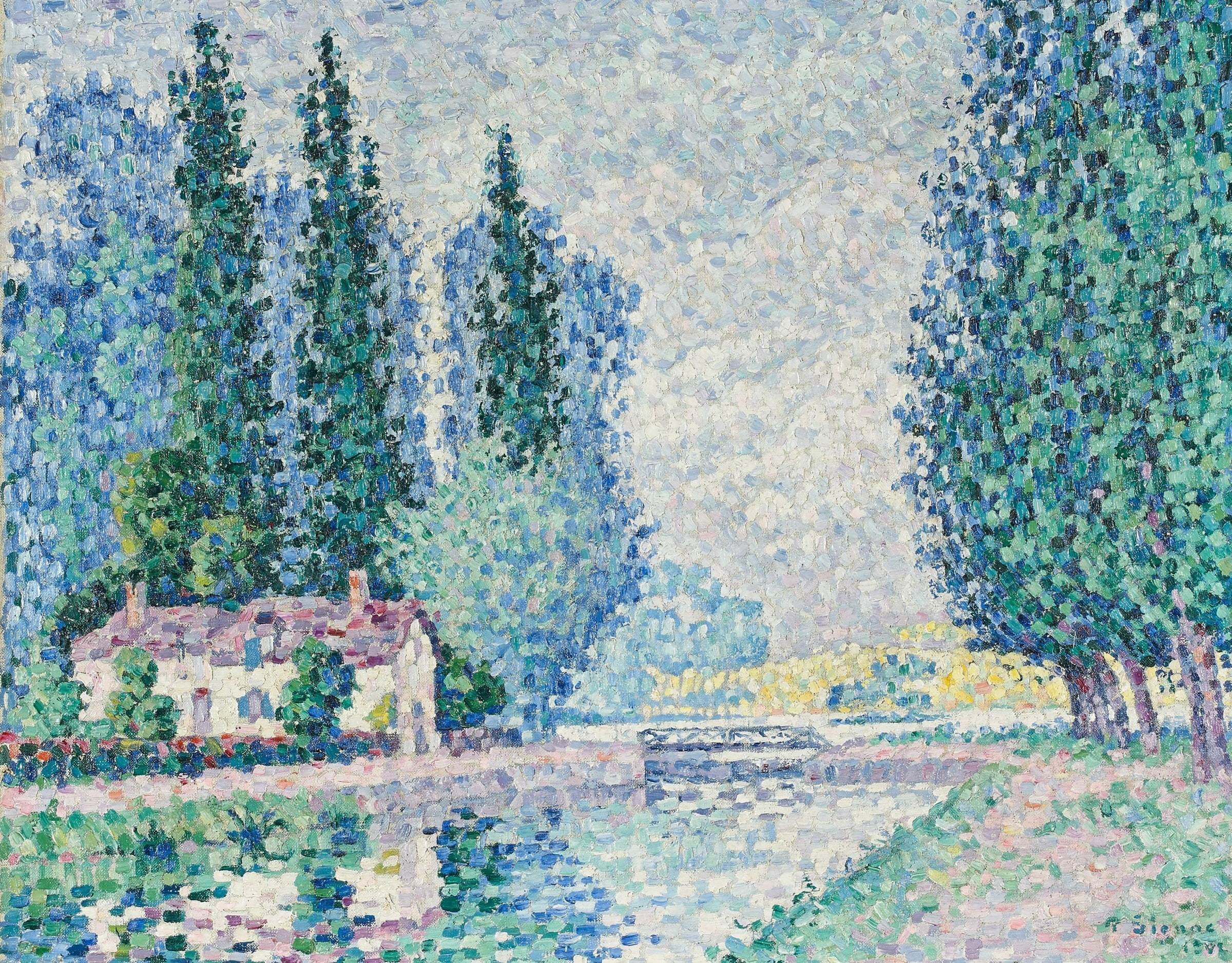 trees, landscape, bridge, house, picture, Paul Signac, pointillism