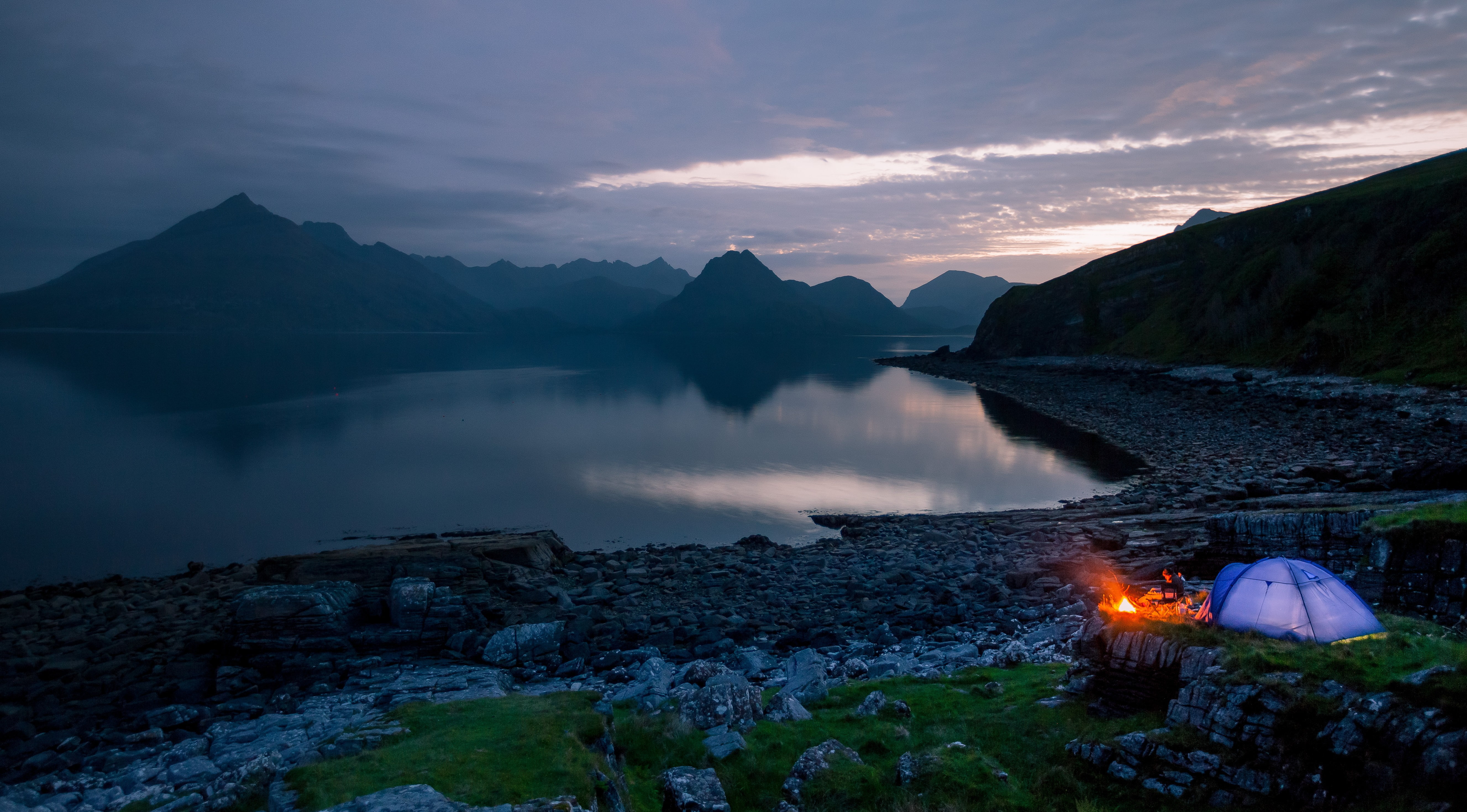 sunset, mountains, camping, nature, fire, campfire, Elgol, rocks