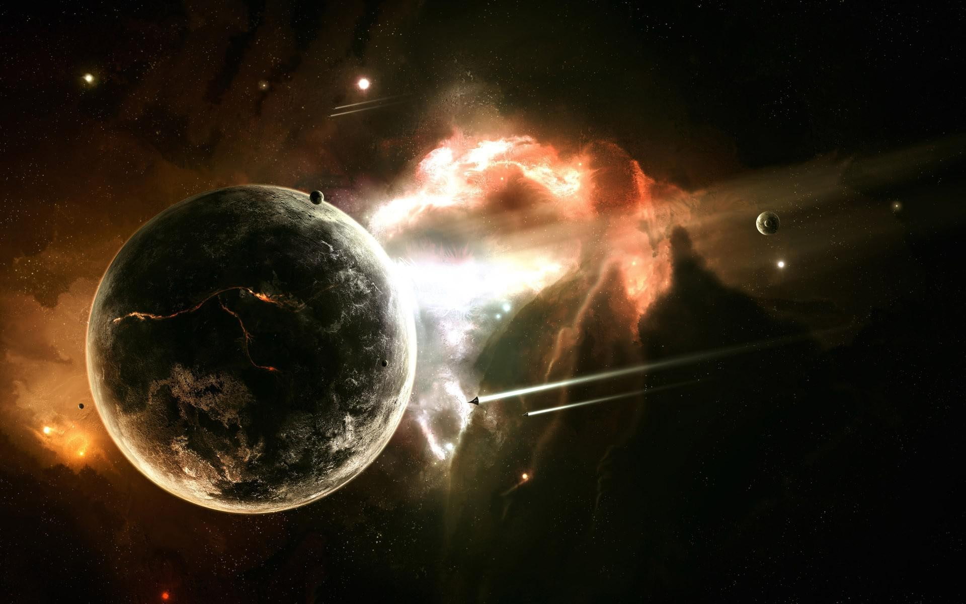 Imploding planet, planet illustration, fantasy, 1920x1200, spaceship