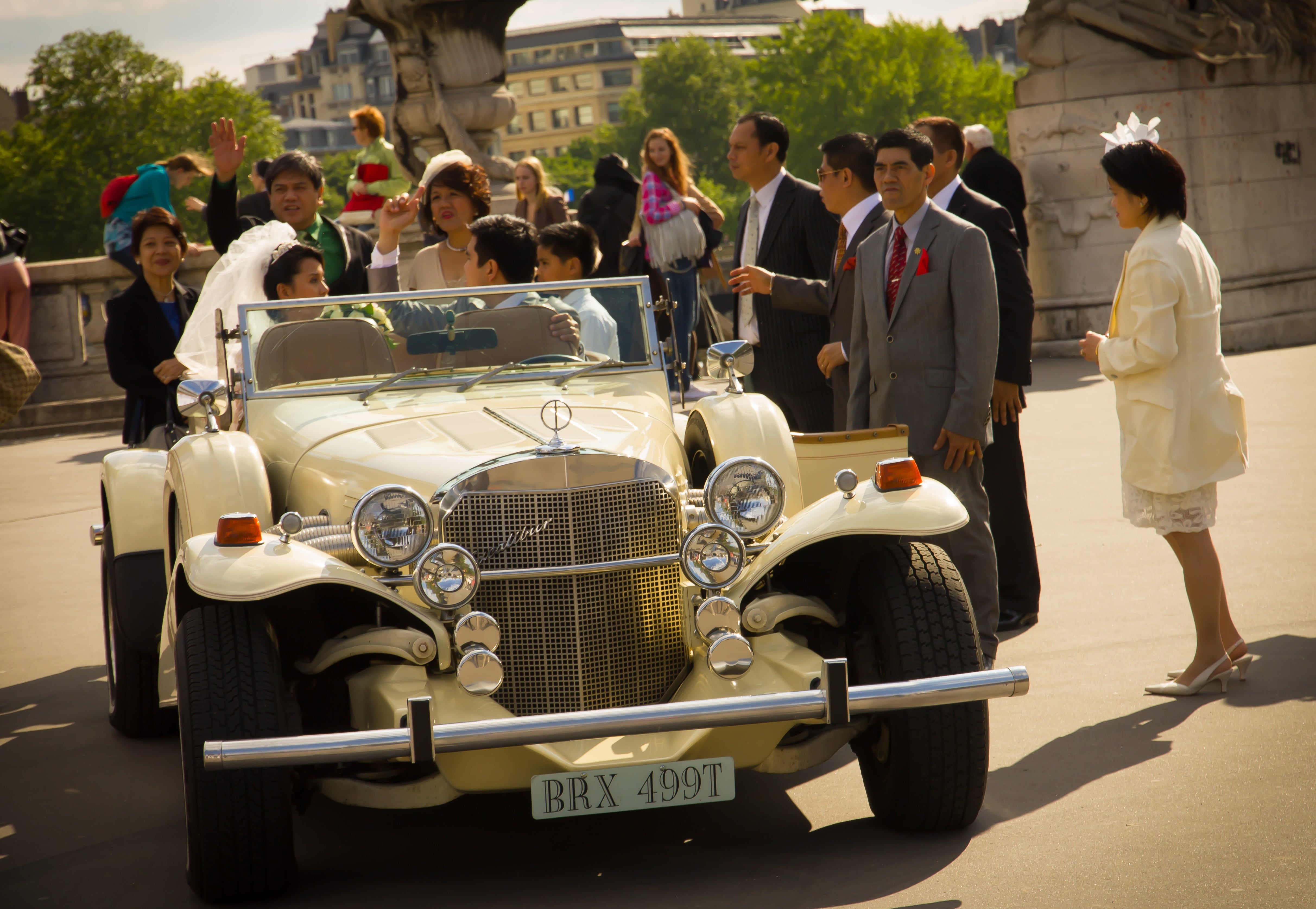 classic beige car and men's gray suit, weddings, Paris, Excalibur