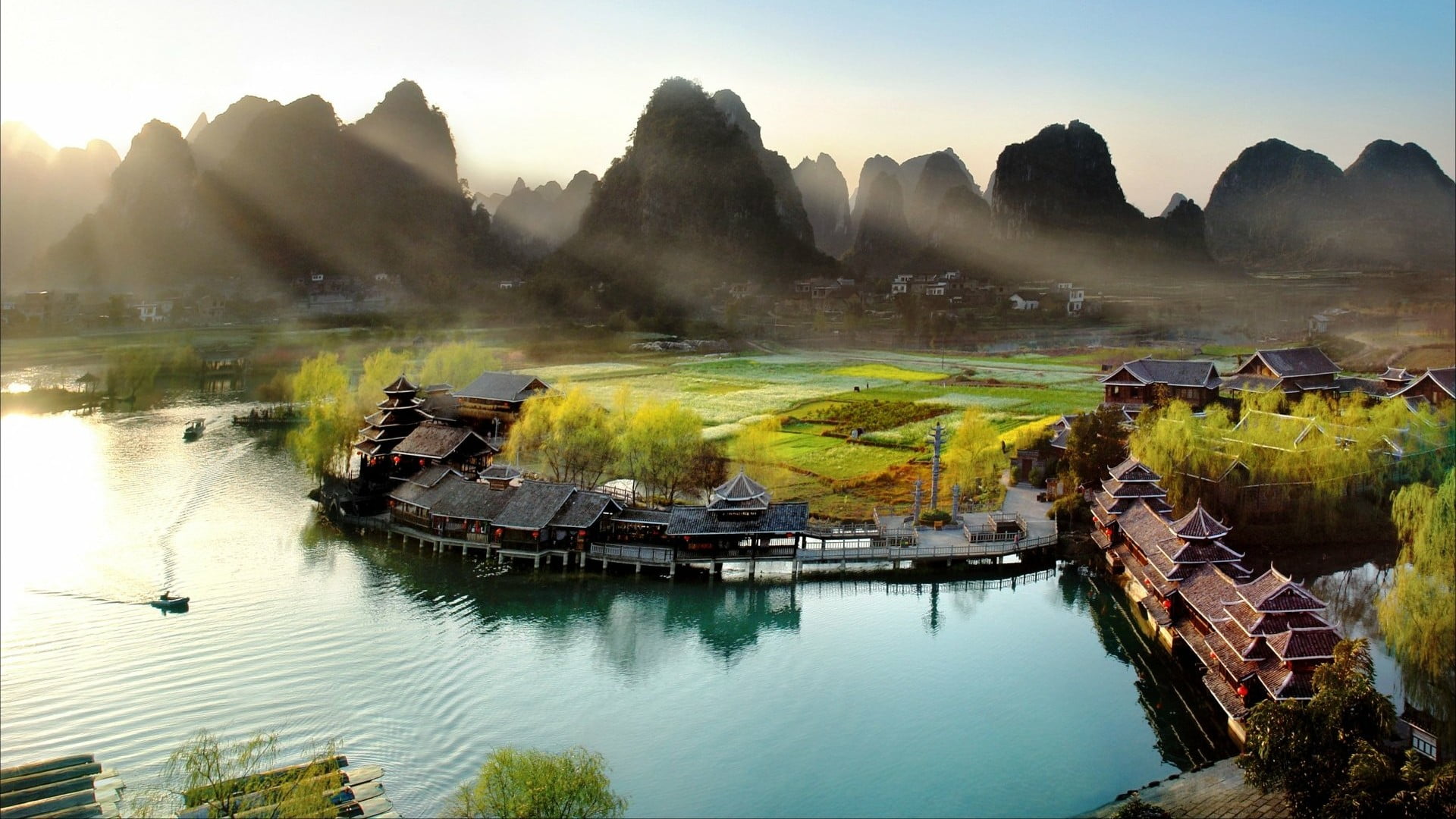 sky, overwater, yangshuo, village, countryside, karst mountains