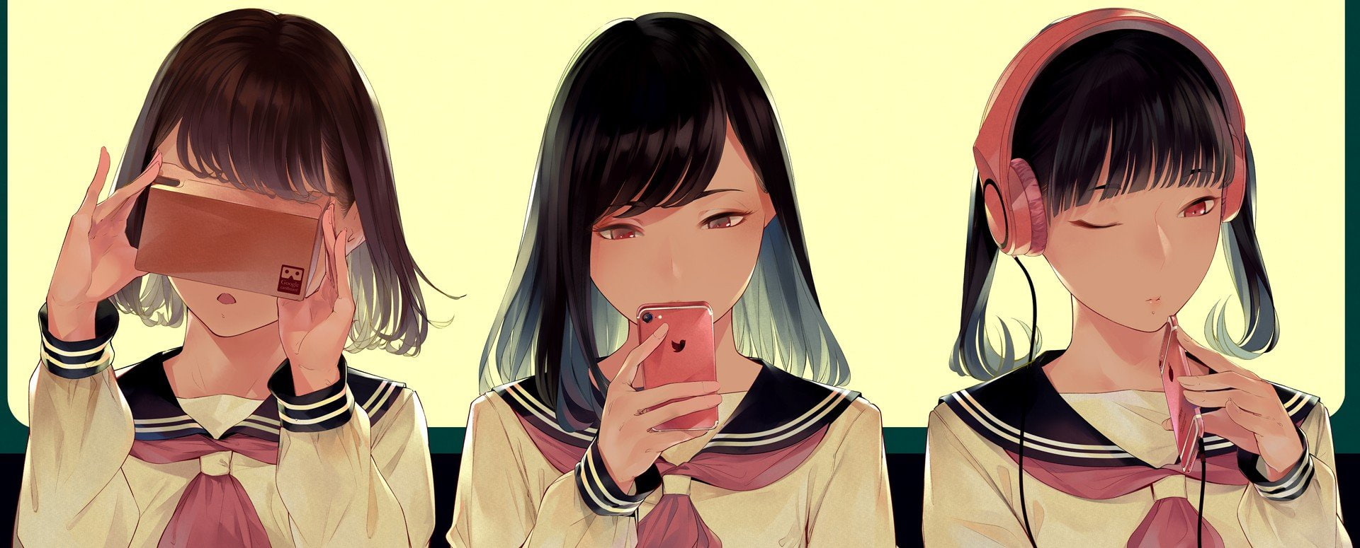 sawasawa neckerchief phone headphones anime girls, women, females