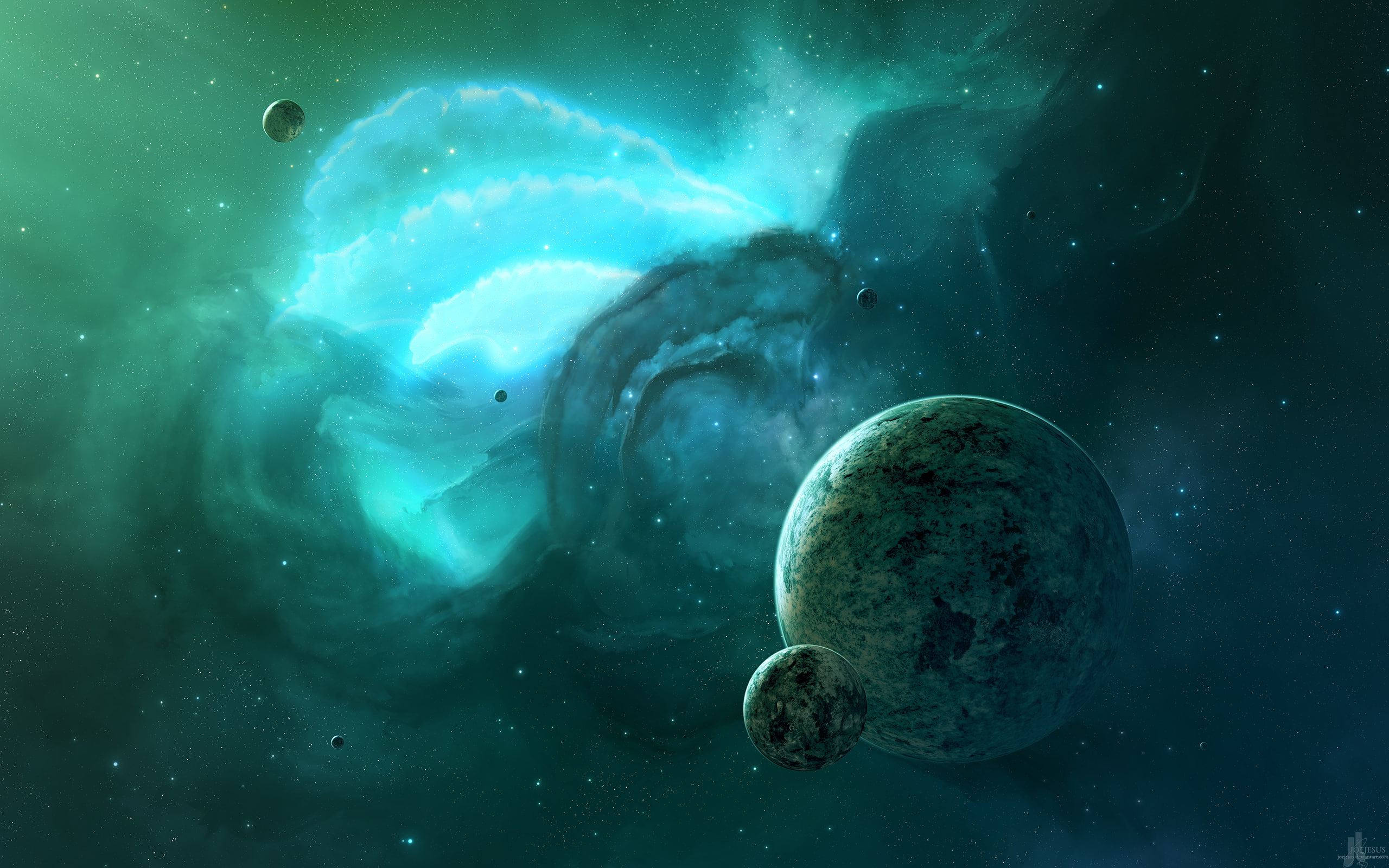 Planets Stars Green Nebula HD, space
