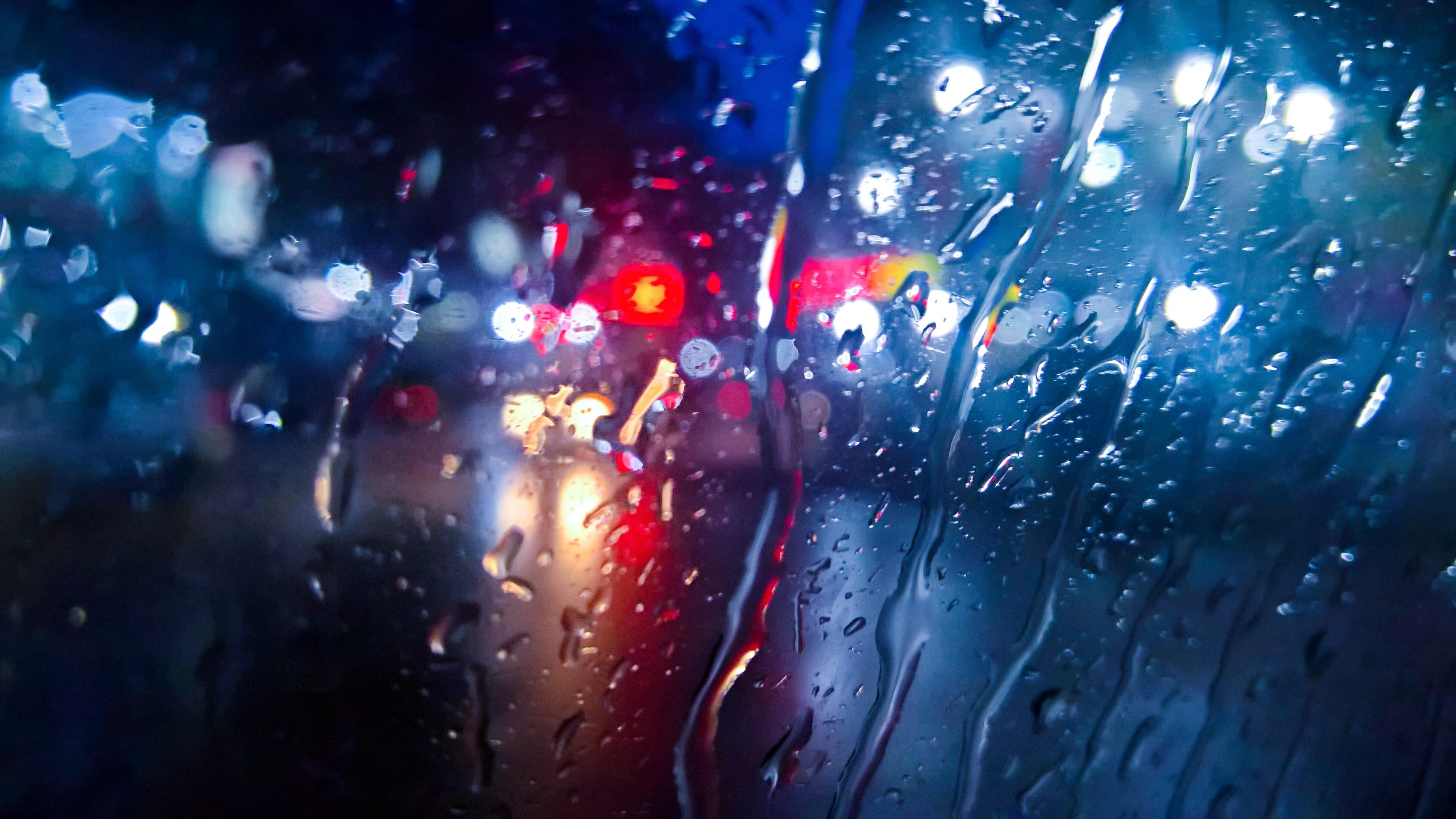 rainy, night, road, traffics, lights, glass, drops