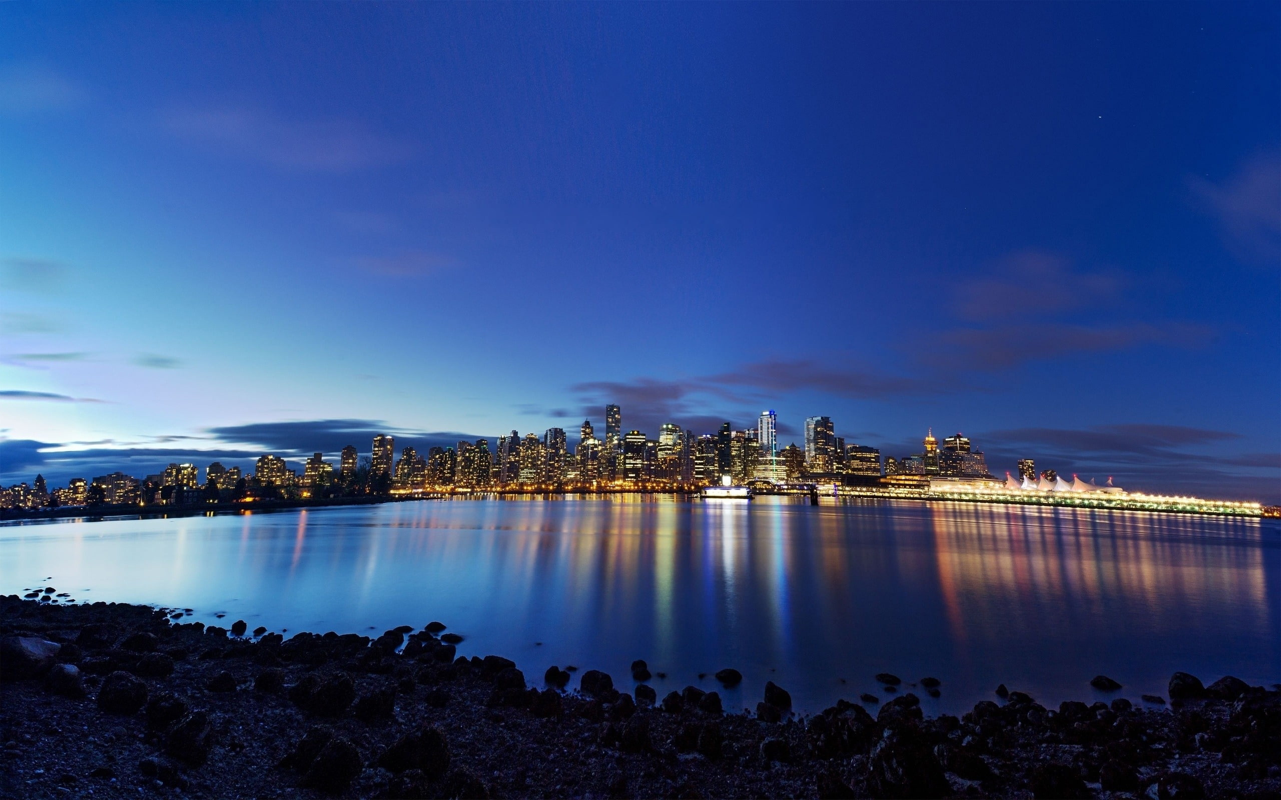Vancouver lights reflected water-HD Desktop Wallpa.., body of water and building walpaper