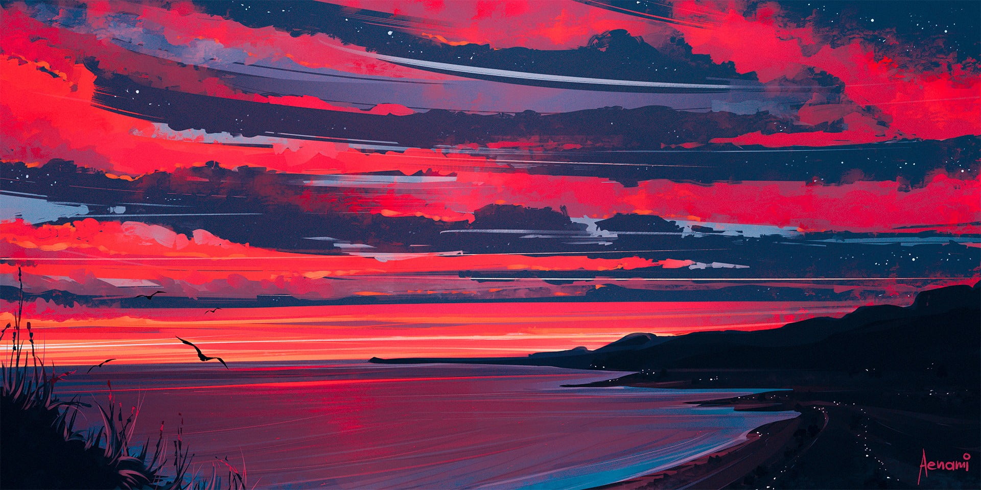 painting of beach under pale evening sky, artwork, Aenami, sunset