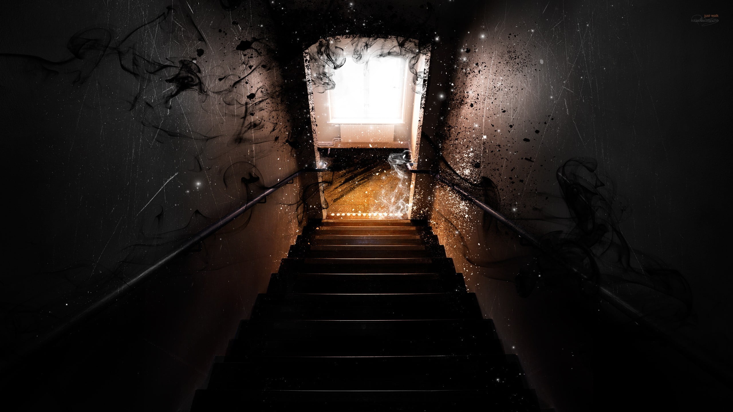 staircase between walls digital wallpaper, dark, black, smoke