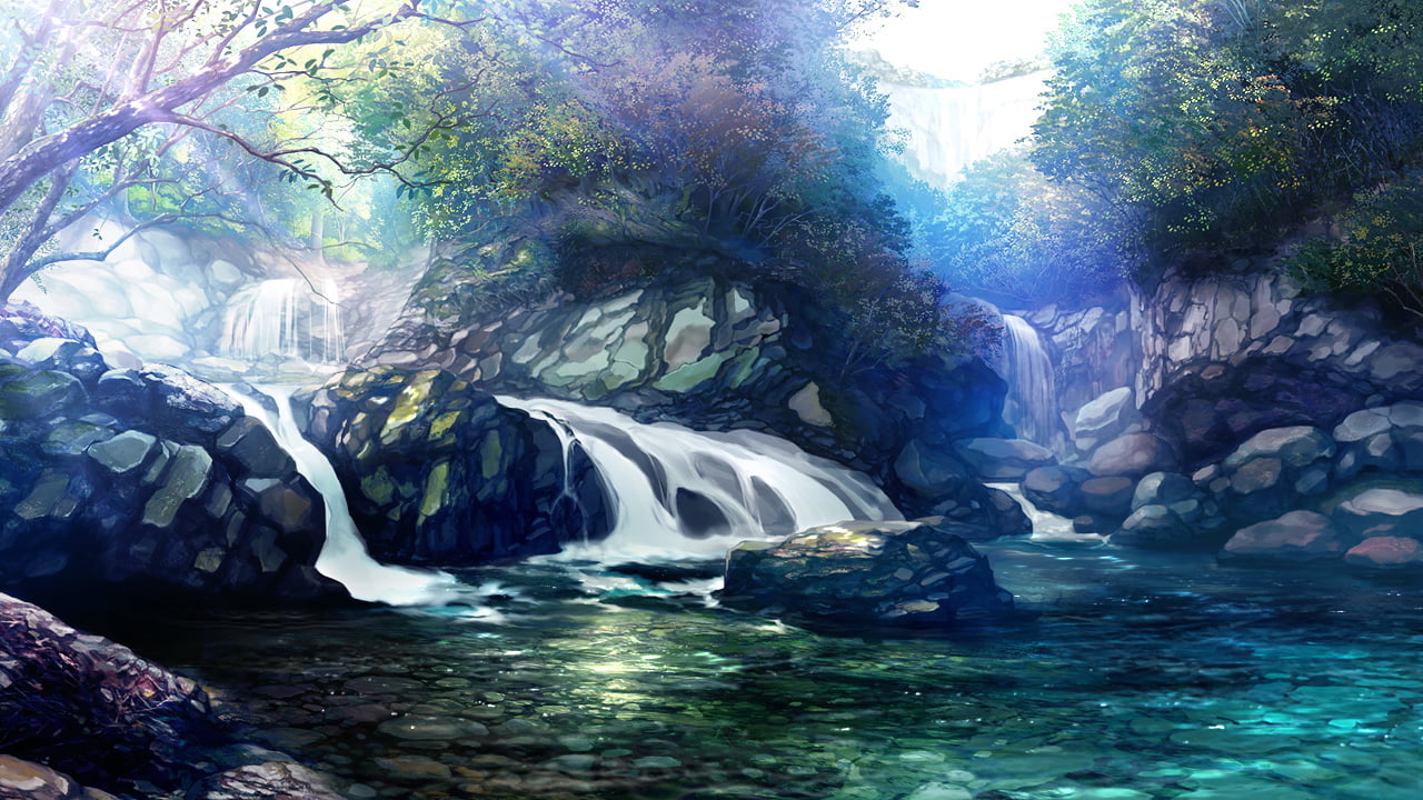 waterfalls and trees painting, fantasy art, artwork, beauty in nature