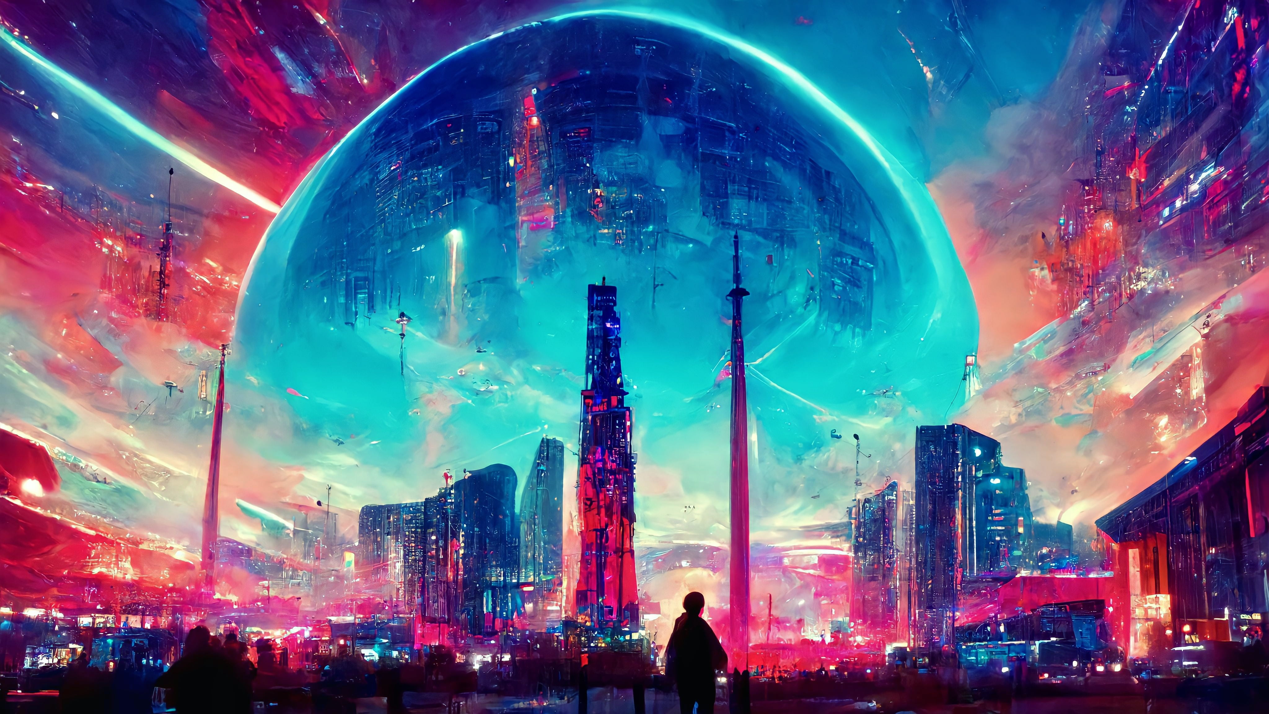 colorful, neon, city, cyberpunk, dome, AI art, futuristic, technology