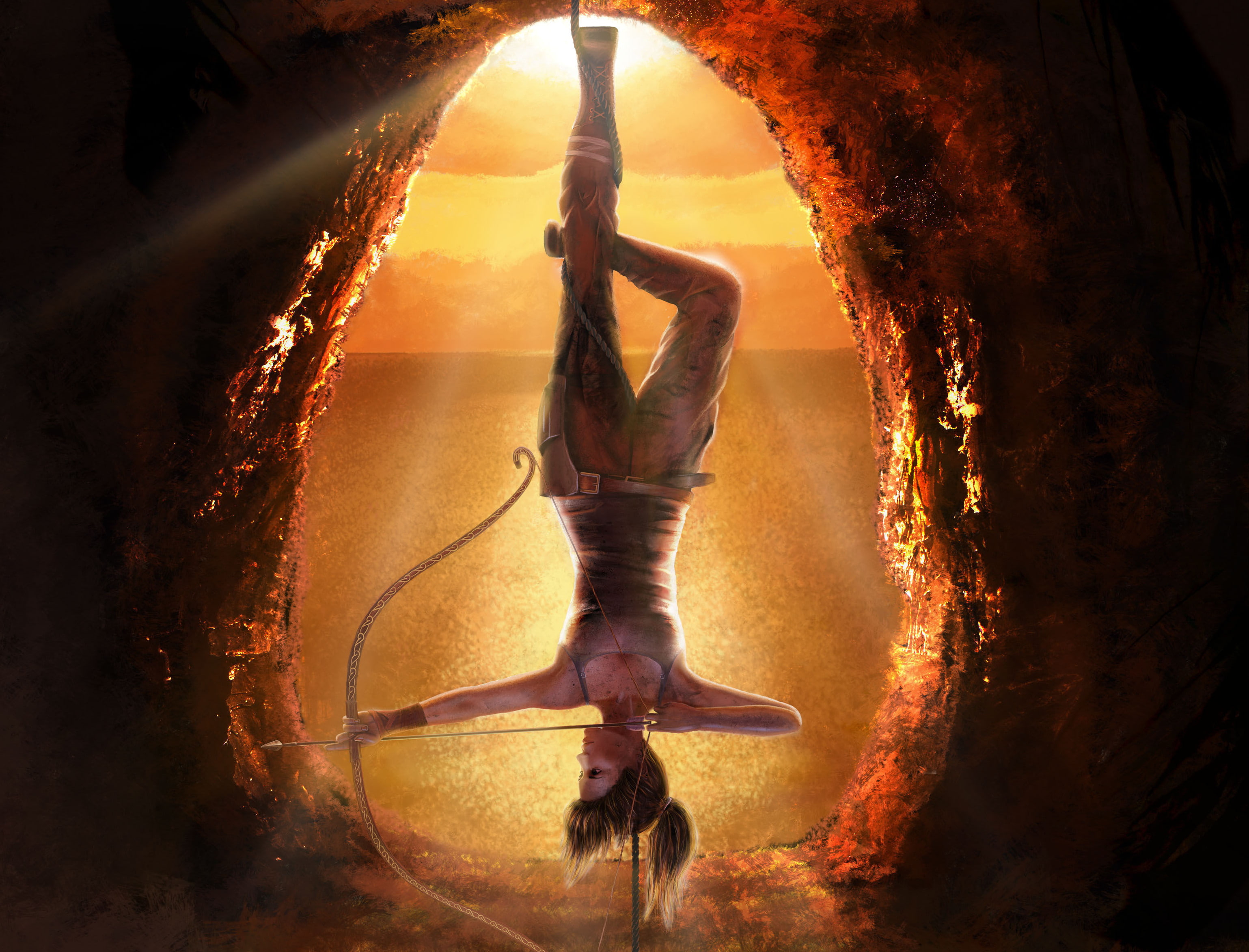 girl, rope, bow, upside down, hanging, Lara Croft, Tomb raider
