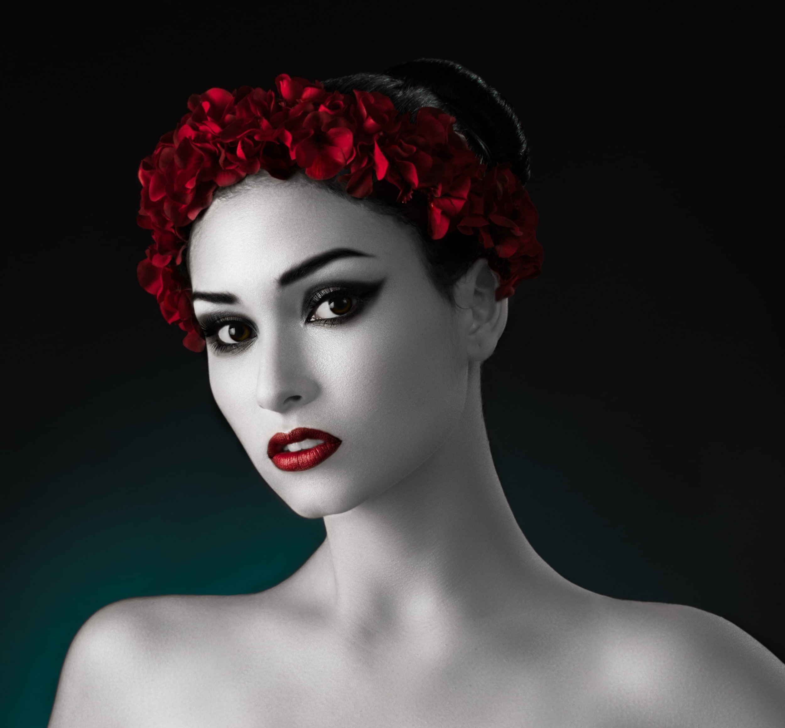 style, portrait, retouching, black-and-red-and-white photo