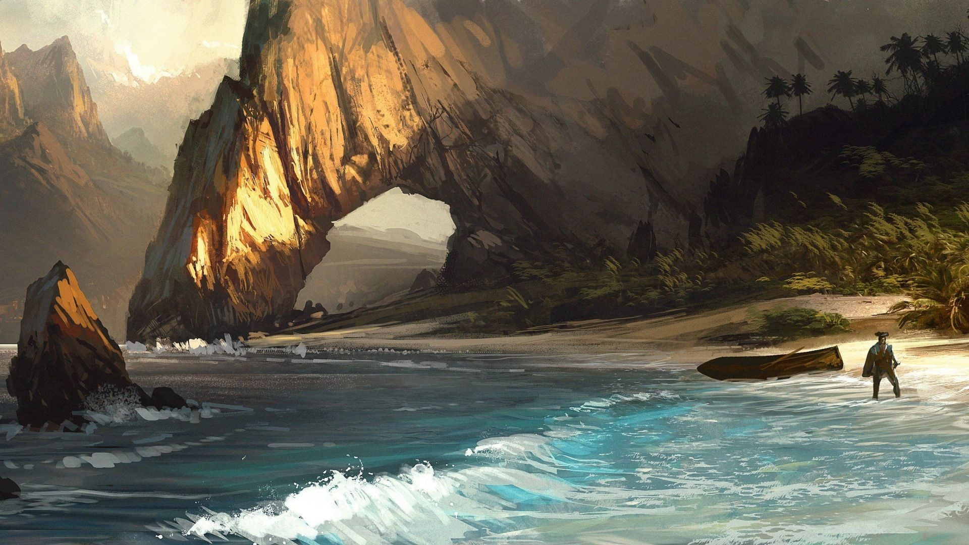 Pirate Beach Tropical Drawing Arch Shore HD, digital/artwork