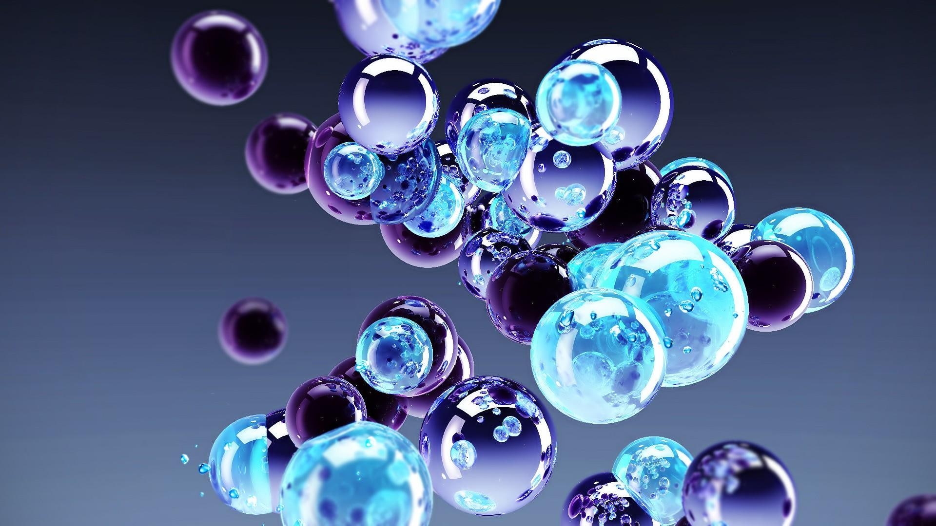 Blue and pink, bubbles 3d artwork, marble, drops, abstract, balls