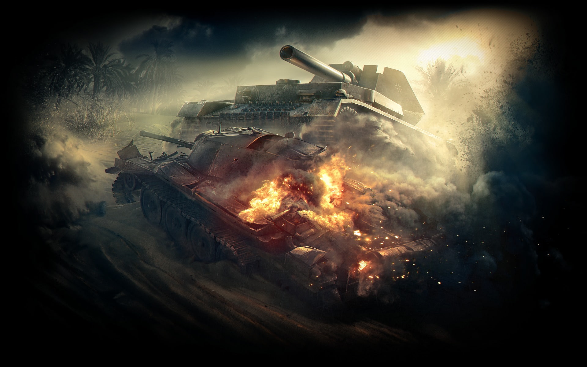 grey army tank wallpaper, Sunset, The sky, Sand, Clouds, Fog