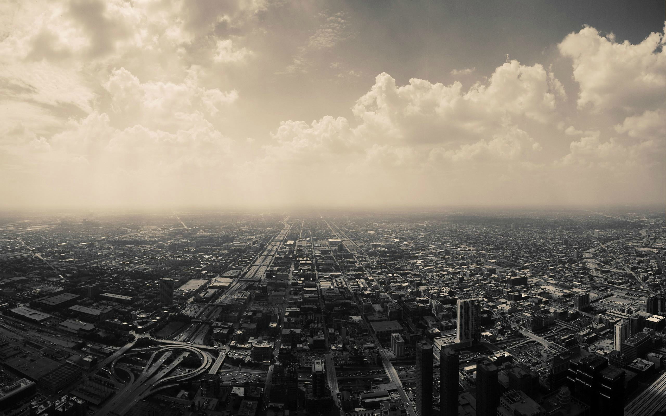 aerial grayscale photography of cityscape, Chicago, sky, clouds