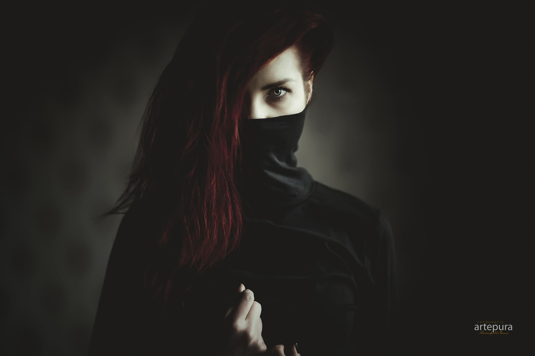 women, redhead, hazel eyes, mask, portrait, black clothing