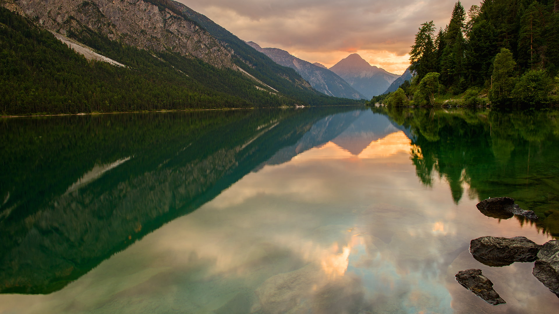 rocks, reflection, forest, trees, mountains, lake