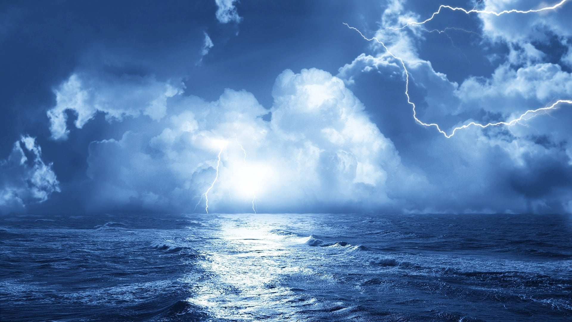 blue body of water, lightning, sea, storm, clouds, waves, elements
