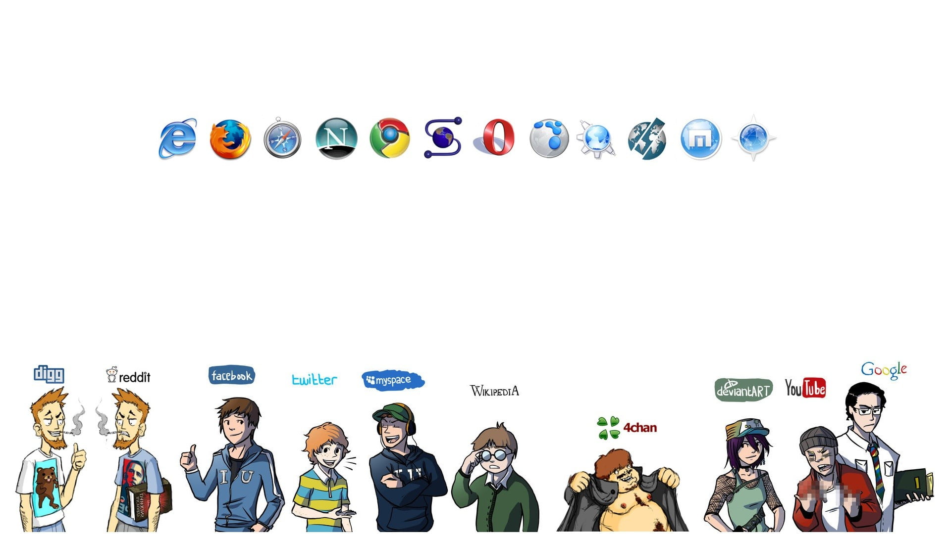 social media logo lot, reddit, Facebook, Twitter, MySpace, 4chan