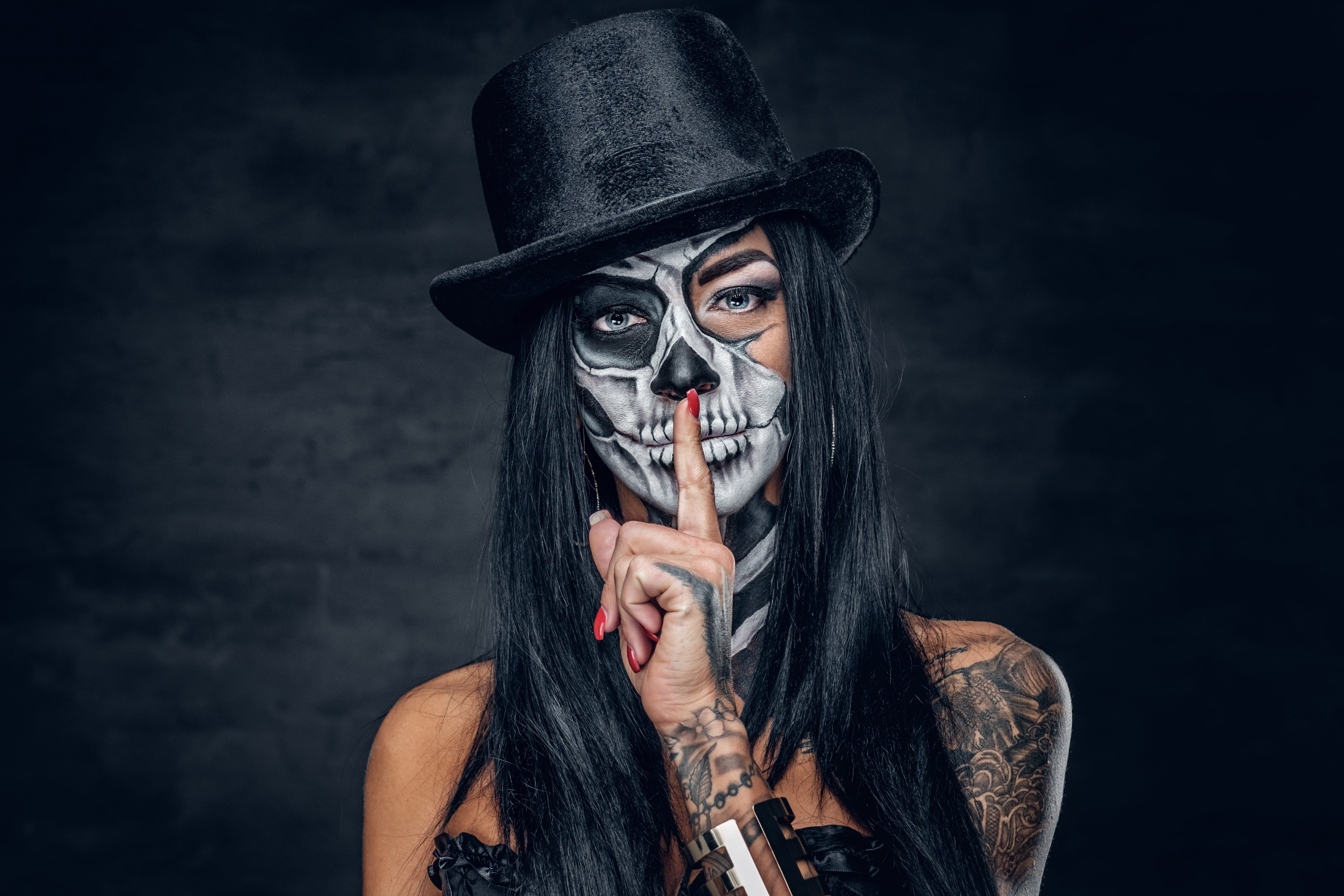 women, tattoo, Dia de los Muertos, makeup, model, hat, portrait