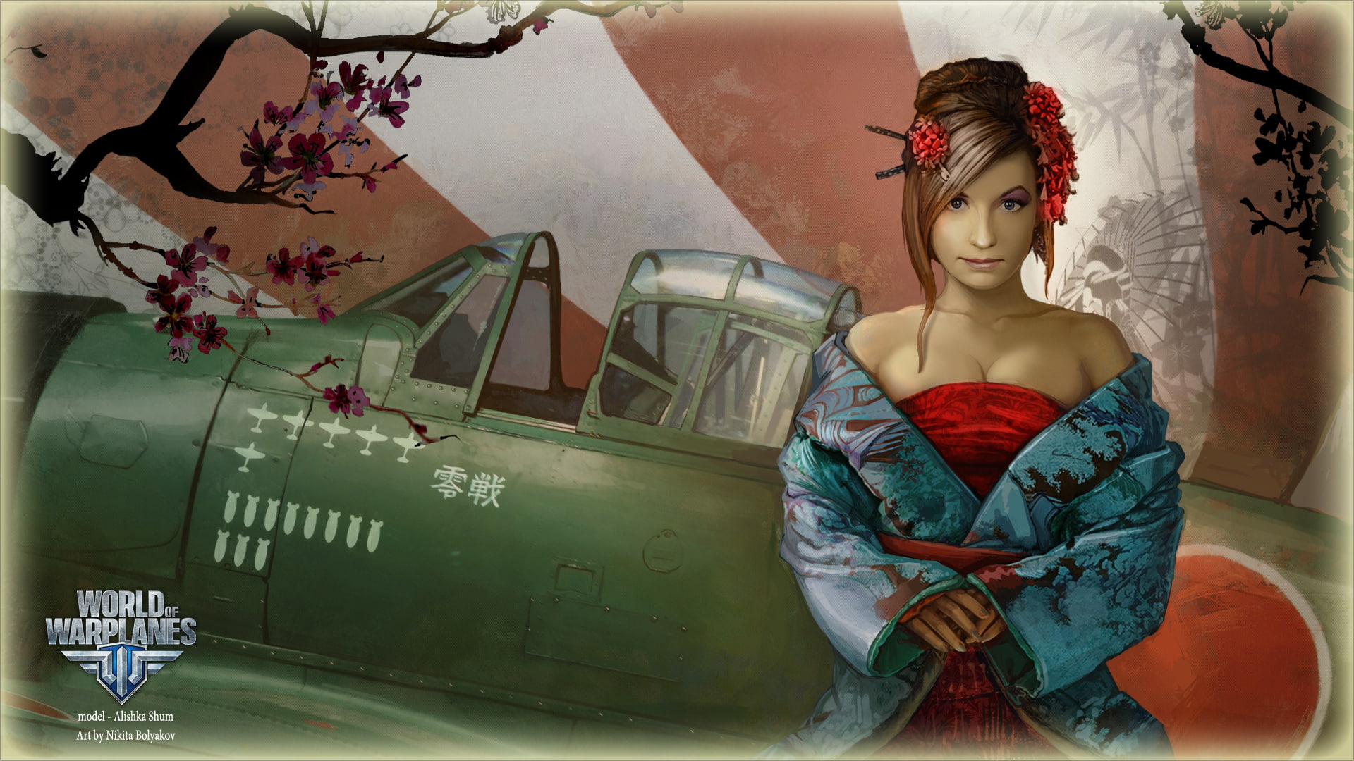 World of Warplanes game, girl, the plane, Japan, Sakura, aviation