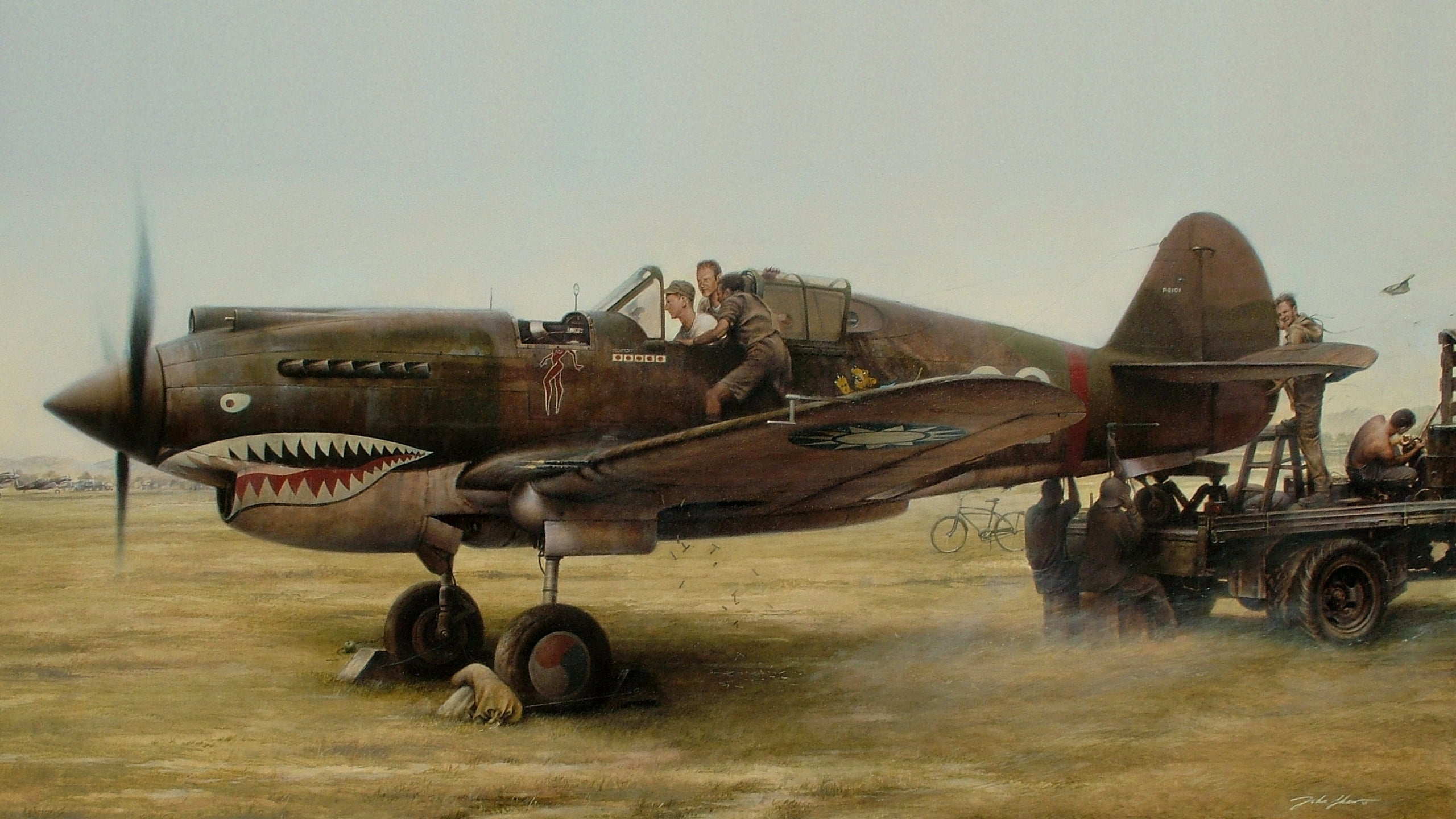 brown fighter jet, figure, art, repair, the airfield, WW2, briefing