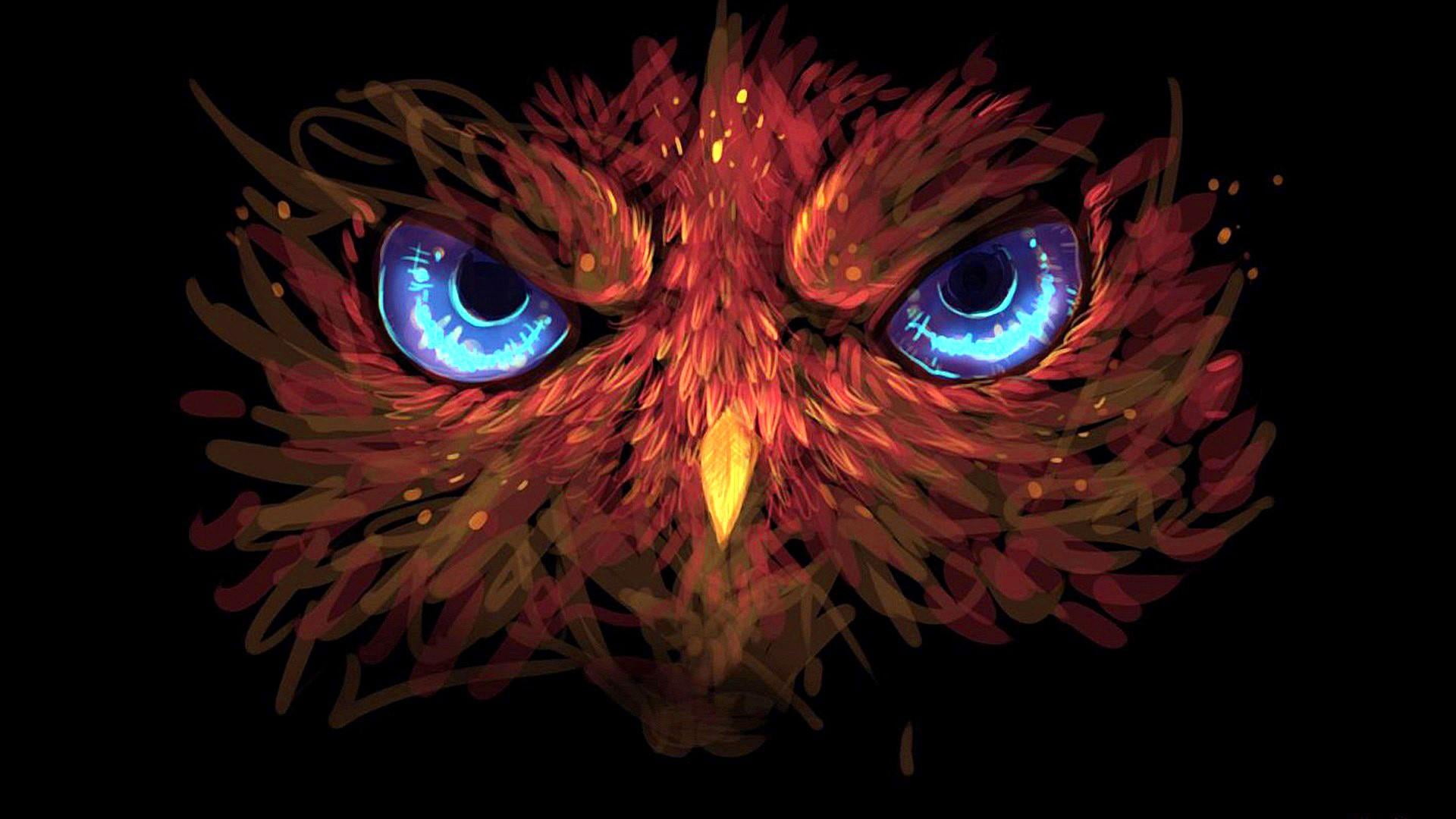 owl, art, darkness, artwork, blue eyes, graphics, black background