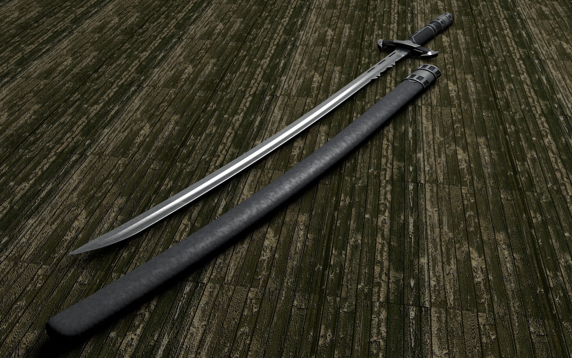 black katana sword, weapon, wood - material, high angle view