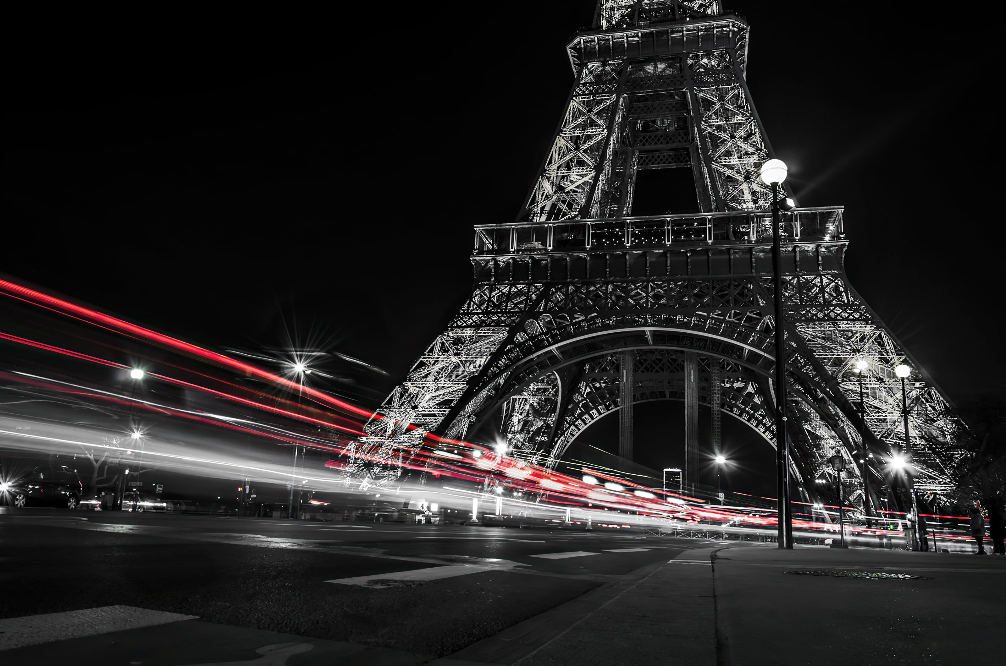 light trails, photography, digital, Paris, road, city, tower