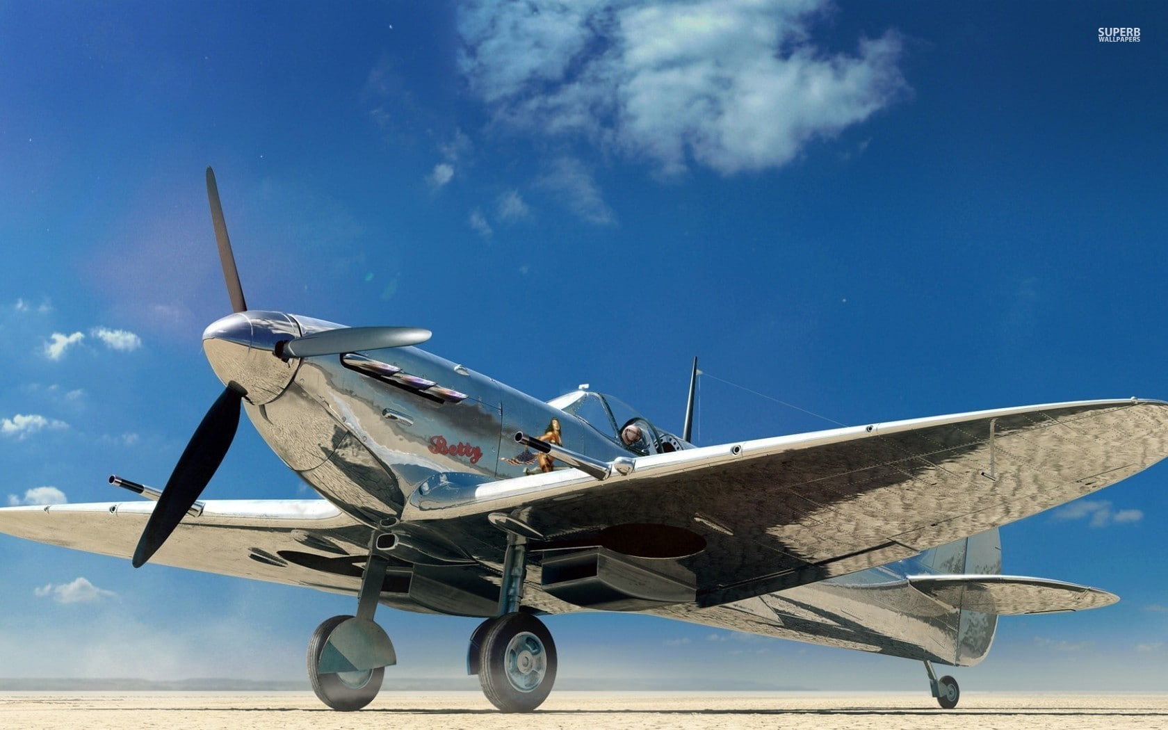 Supermarine Spitfire, chrome, airplane, clouds