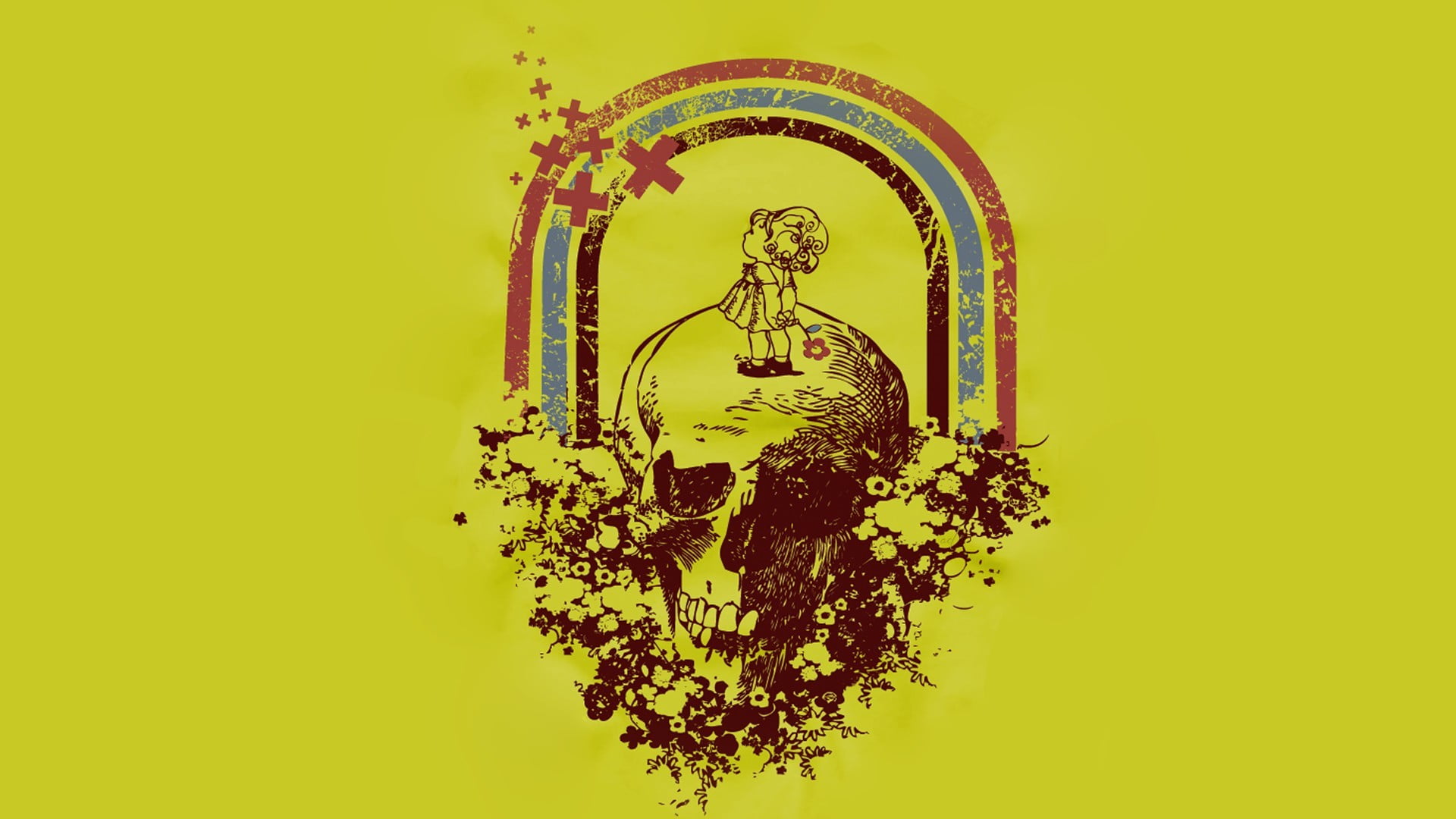 skull and rainbow artwork, minimalism, simple background, yellow