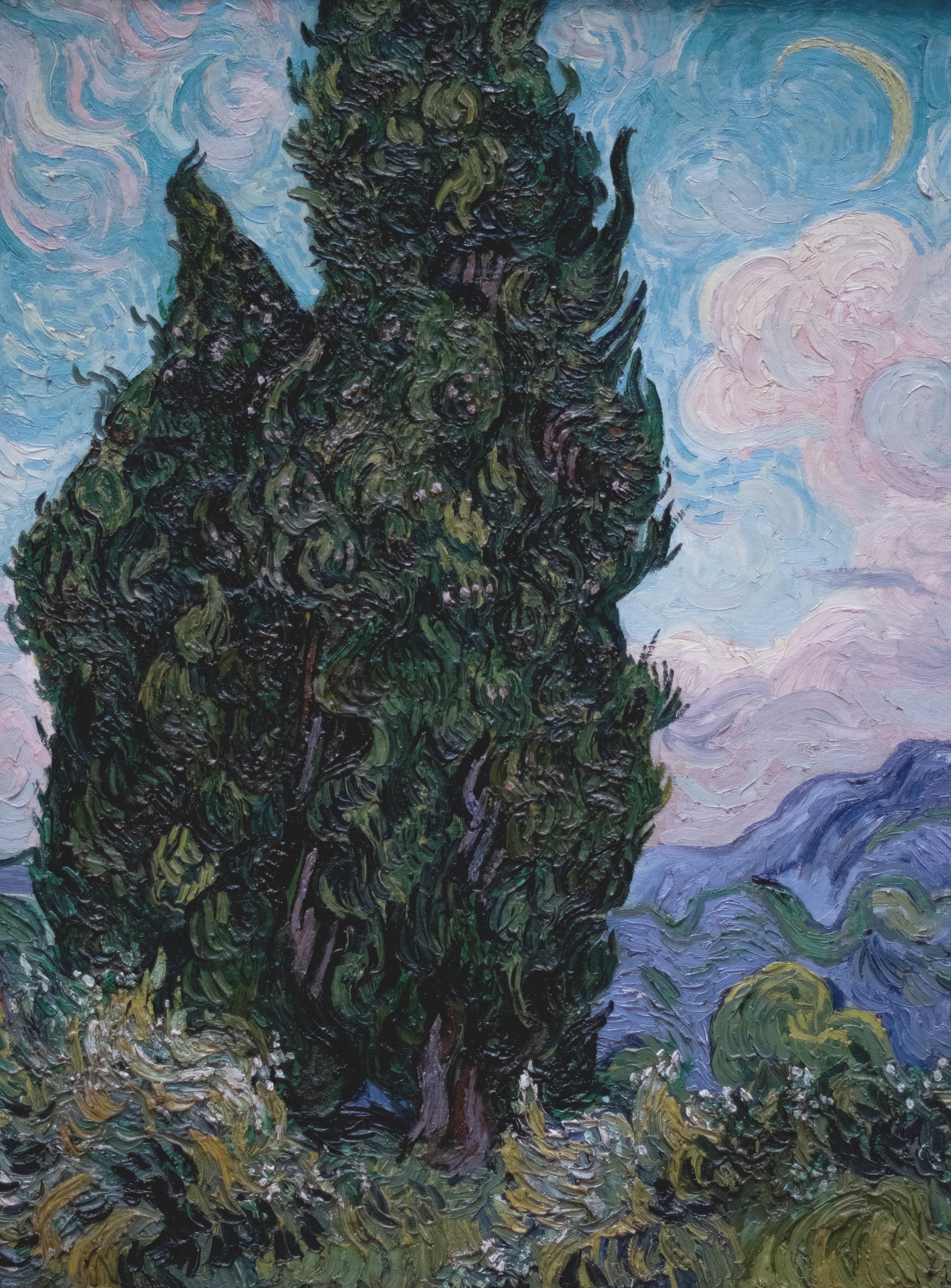 Vincent van Gogh, clouds, cypress, pastel, artwork, painting