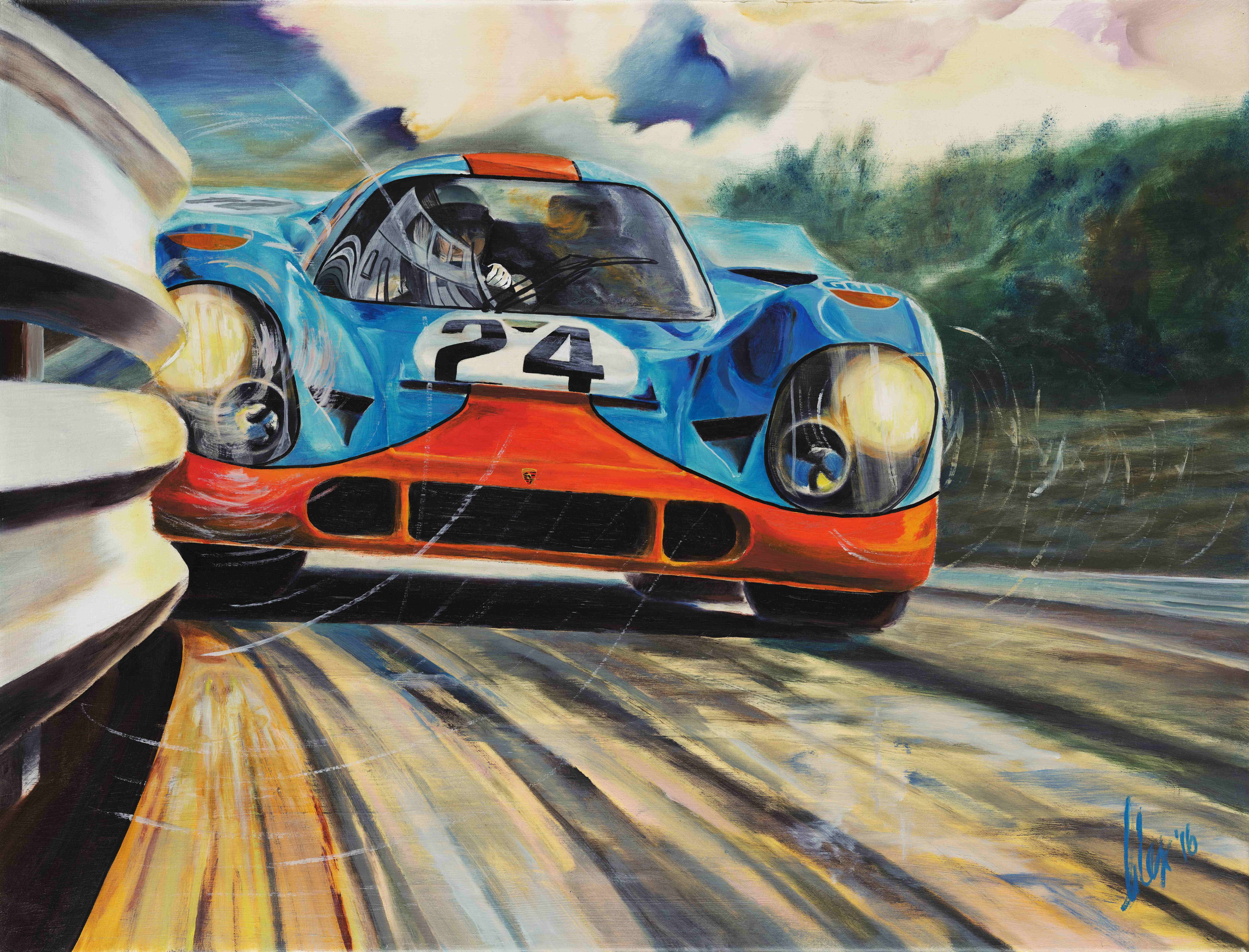 artwork, oil painting, Gulf-Porsche 917, Alex Wakefield, Spa-Francorchamps