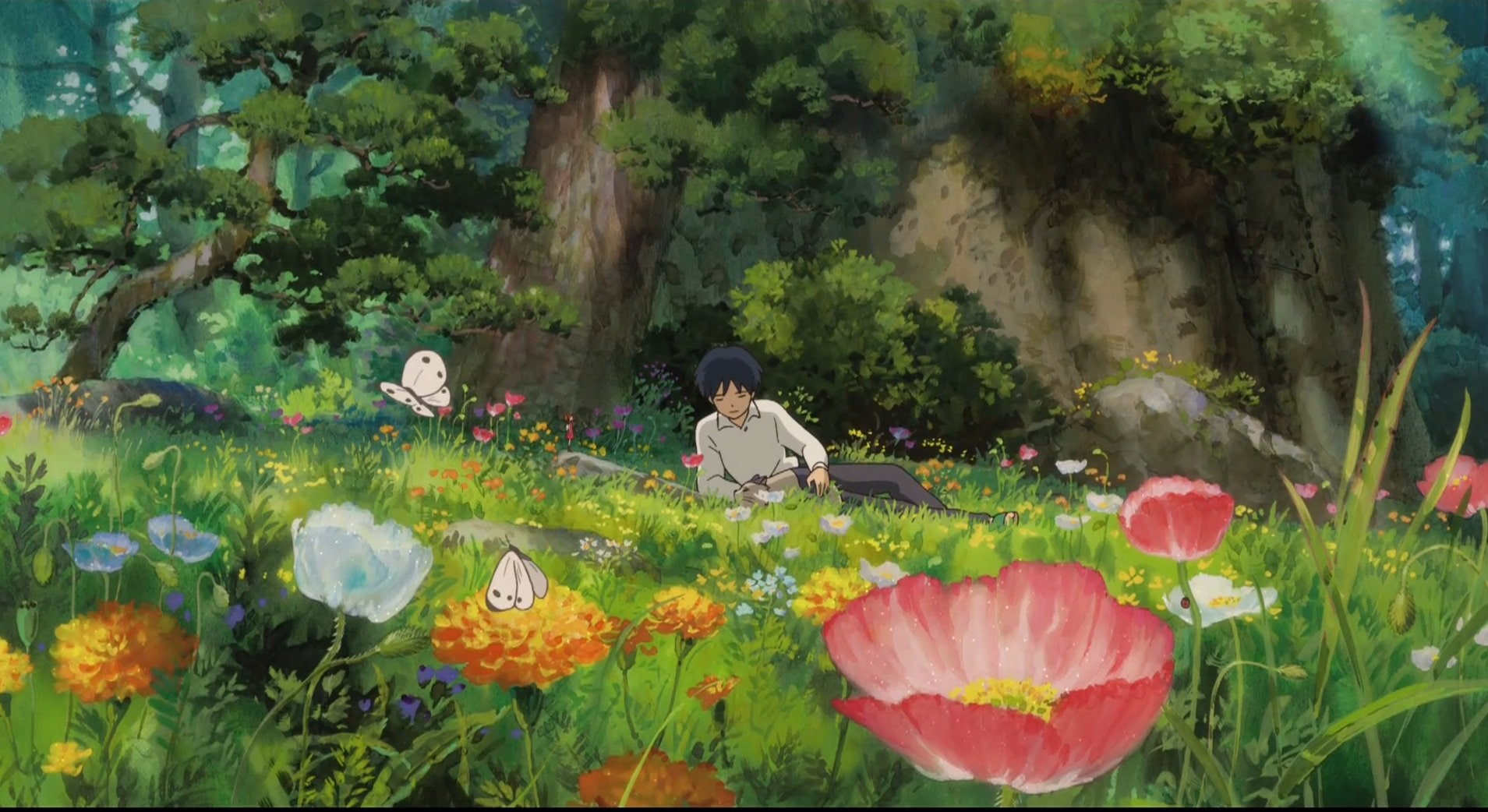 anime, arrietty, artwork, boys, butterflies, flowers, garden