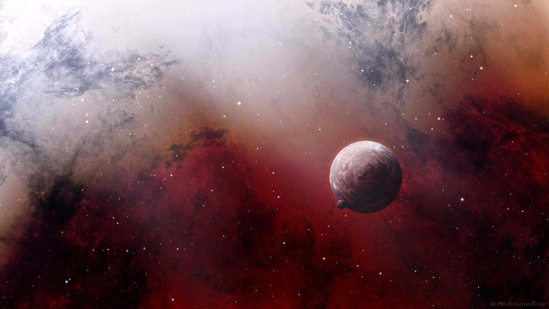brown planet illustration with red and beige background, space