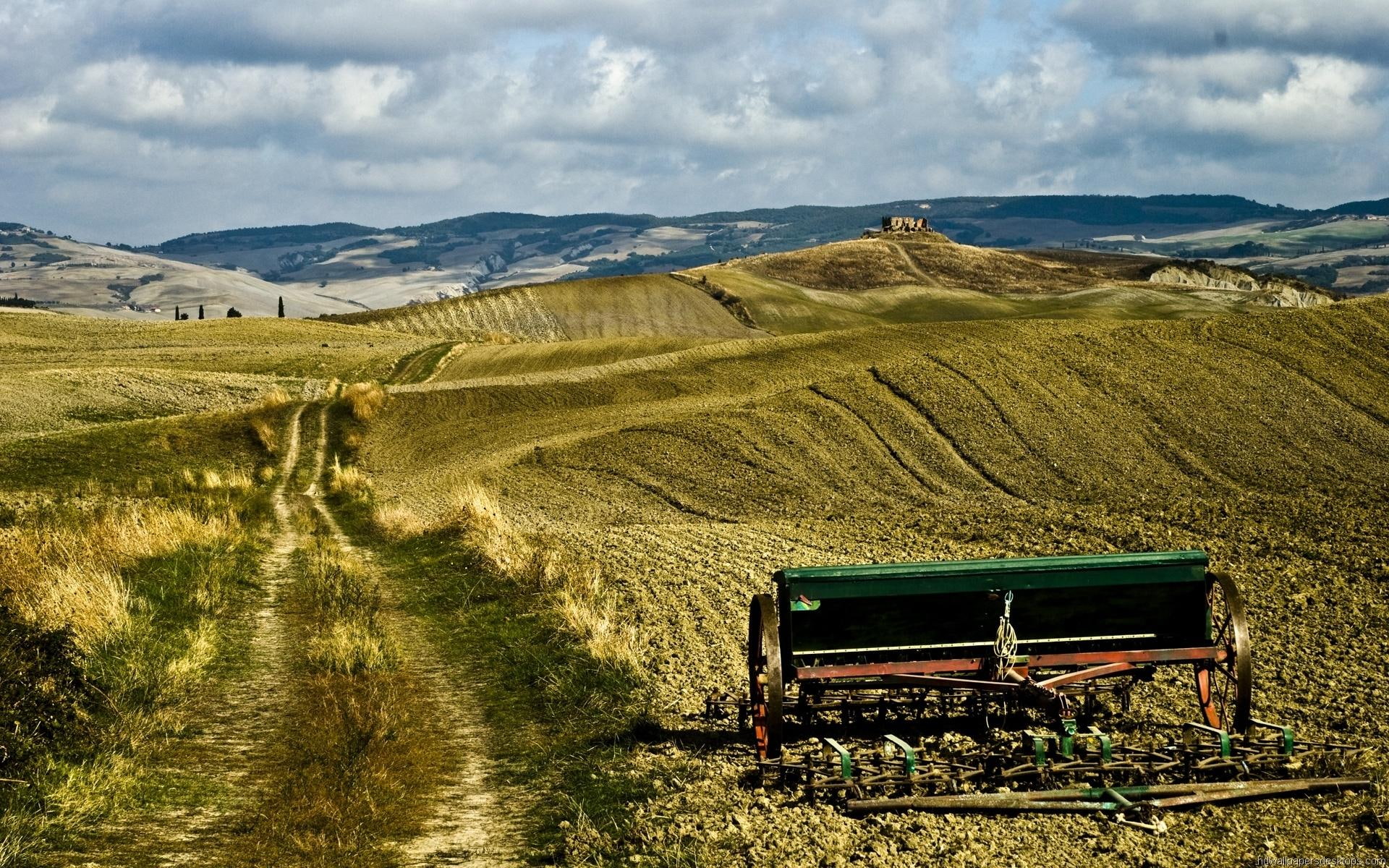 Rural Scene In Tuscany, fields, harvester, road, clouds, nature and landscapes