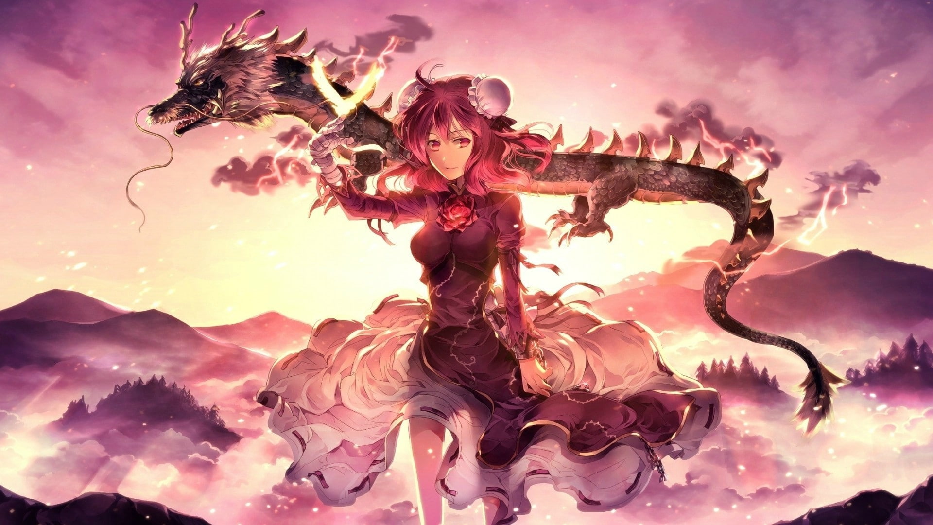 anime girl, chinese dragon, dress, sunset, bandage