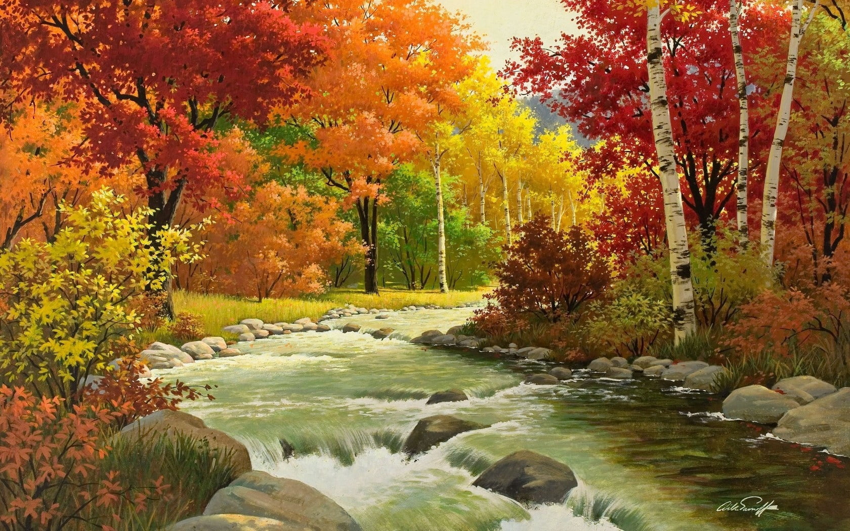 river between cherry blossom graphic, autumn, landscape, painting