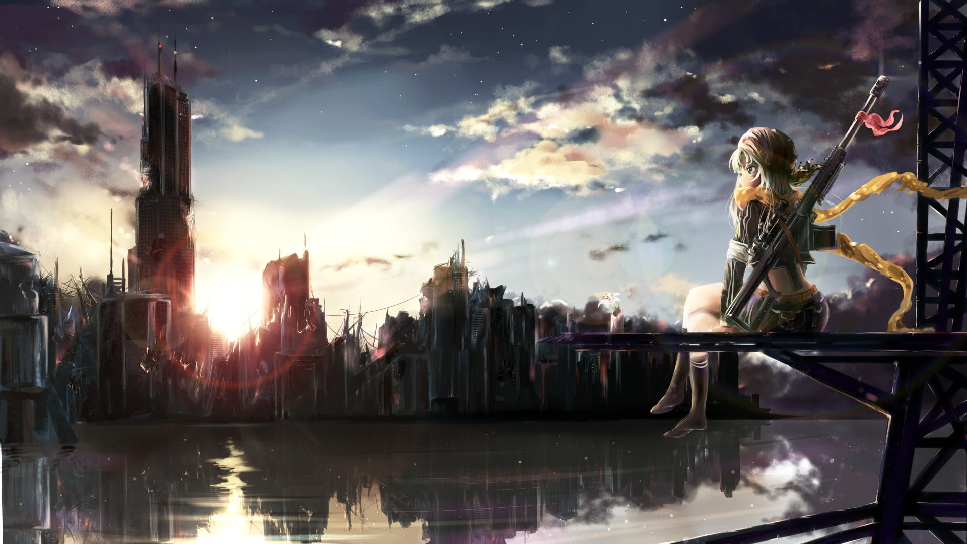 girl sitting on brown metal stand near body of water facing cityscape digital wallpaper