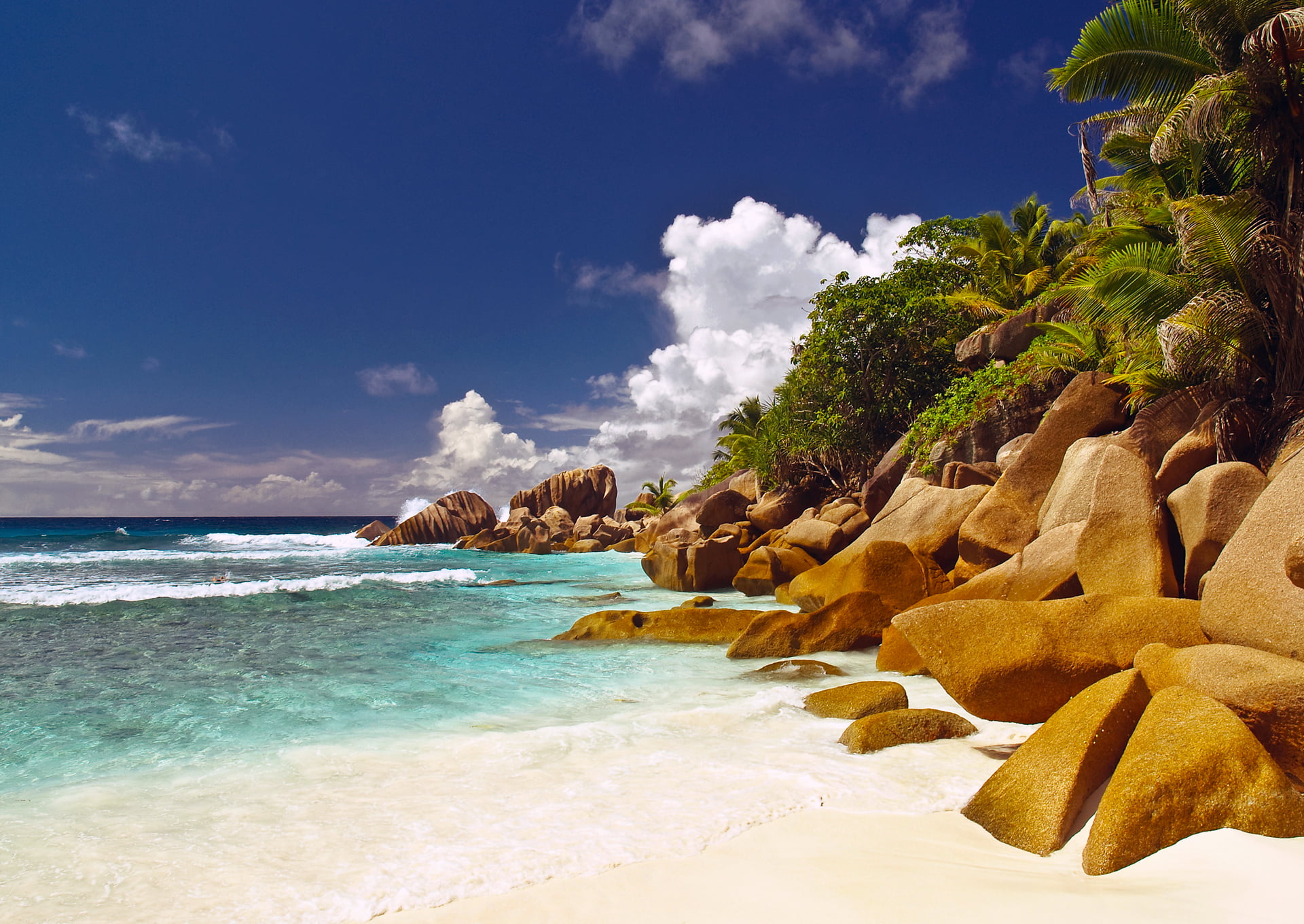brown boulders, sea, beach, the sky, water, Islands, clouds, palm trees