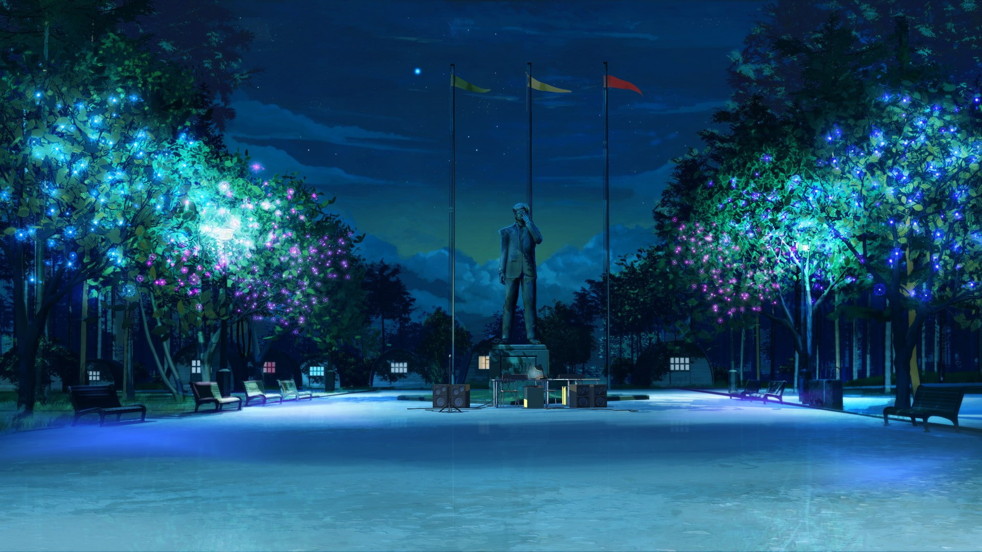 ArseniXC, Everlasting Summer, night, trees, statue, flag, bench