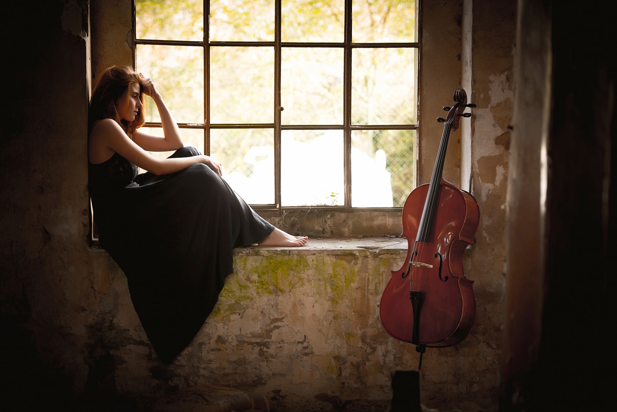 women's black strapless dress, girl, window, cello, Giada Back