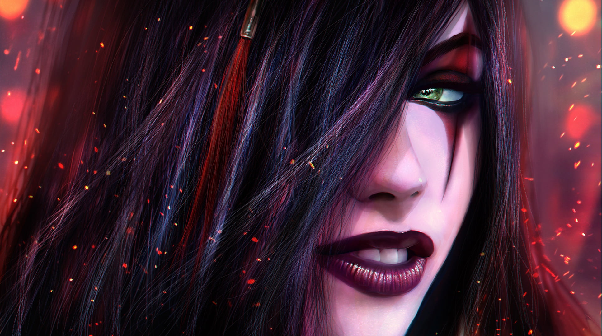 black and red haired woman character wallpaper, girl, face, lol