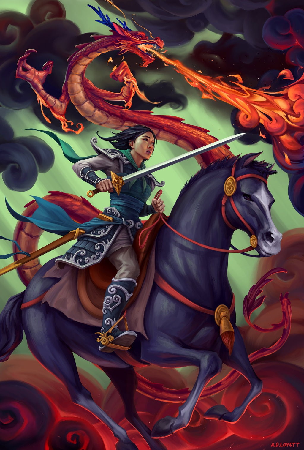 Mulan, dragon, sword, horse