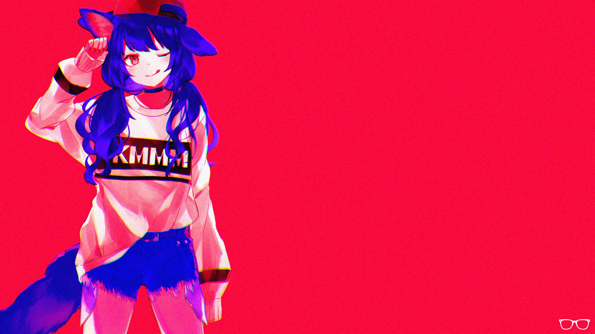 anime girls, nekomimi, red, blue, simple, simple background